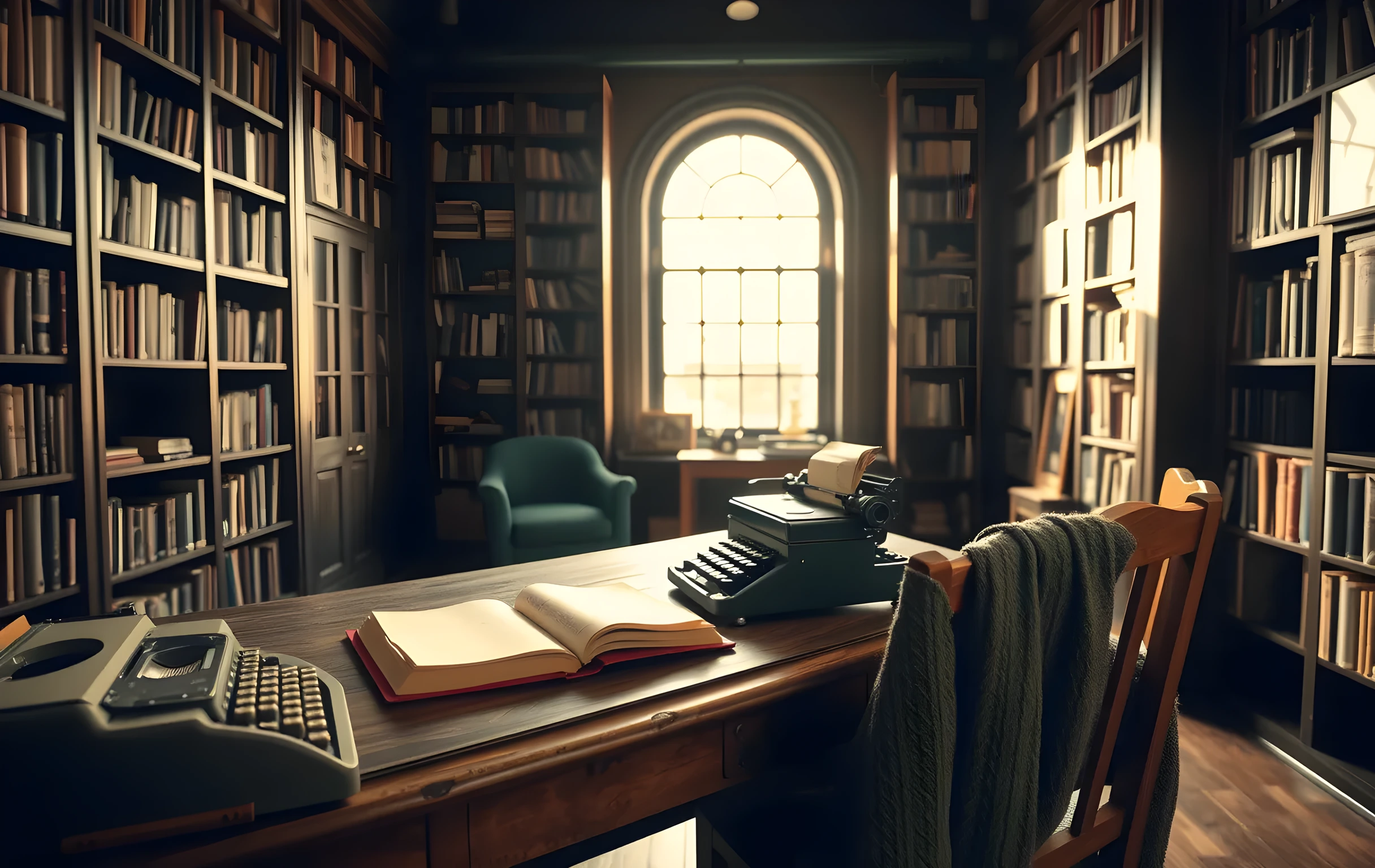 A sun-drenched writing loft with a large worn oak desk bearing a vintage manual typewriter, a small stack of blank cream-colored manuscript sheets, and an open leather-bound notebook with its cover slightly warped from use; tall dark-wood bookshelves line the far wall filled with books in muted earth-tone spines; warm golden-hour light pours through a tall arched window casting long shadows across the floor; a writer's faded green cardigan is draped over a wooden chair at medium distance near the desk