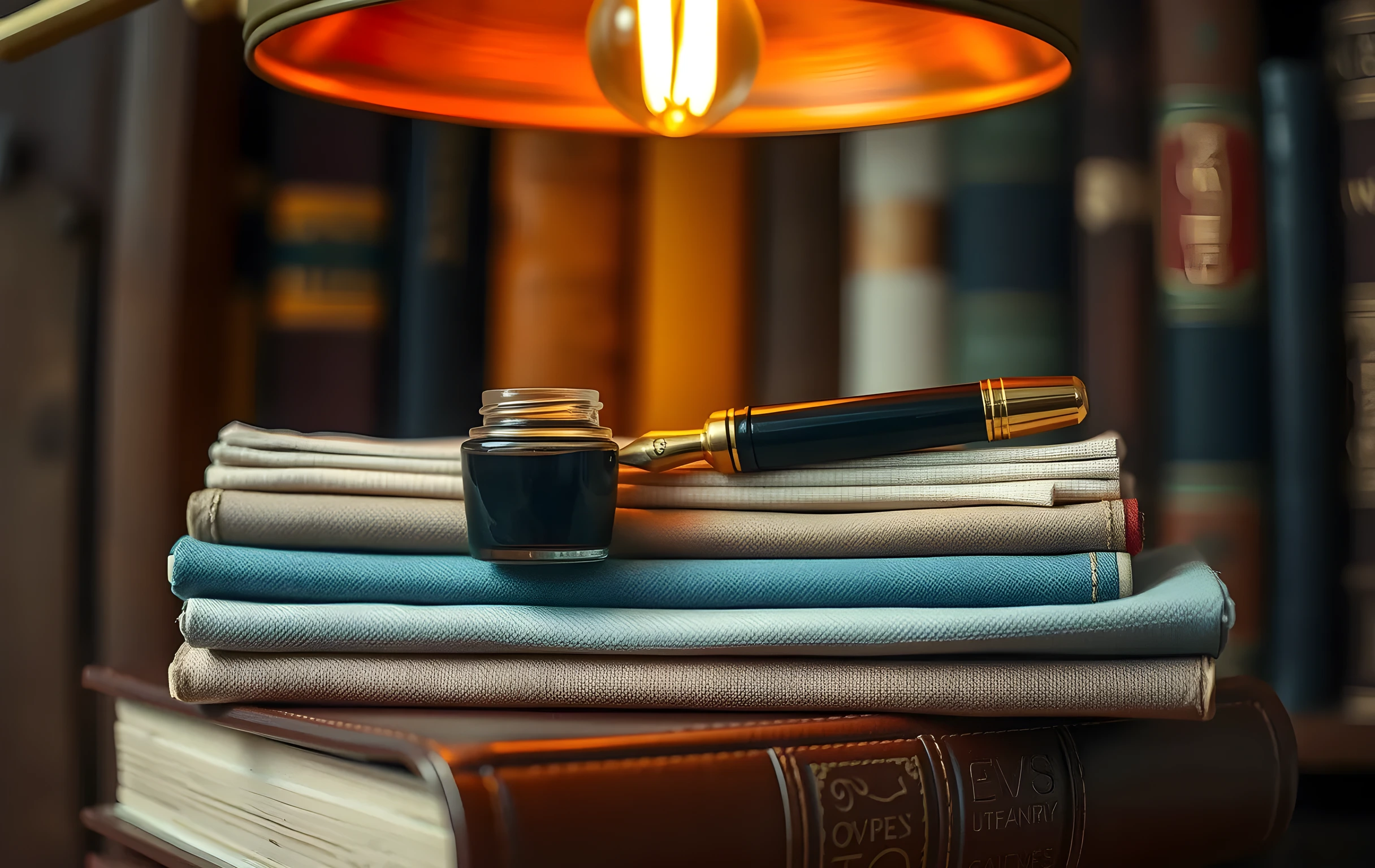A close view of a brass-nib fountain pen resting on a small stack of three worn paperback novels with soft cloth covers in dusty blue, cream, and rust tones; a tiny glass inkwell filled with dark ink sits beside the stack; a reading lamp overhead casts a warm amber pool of light across the scene; the corner of a leather journal peeks out from beneath the books; shallow depth of field dissolves the background into soft blurred shapes of a wooden bookshelf