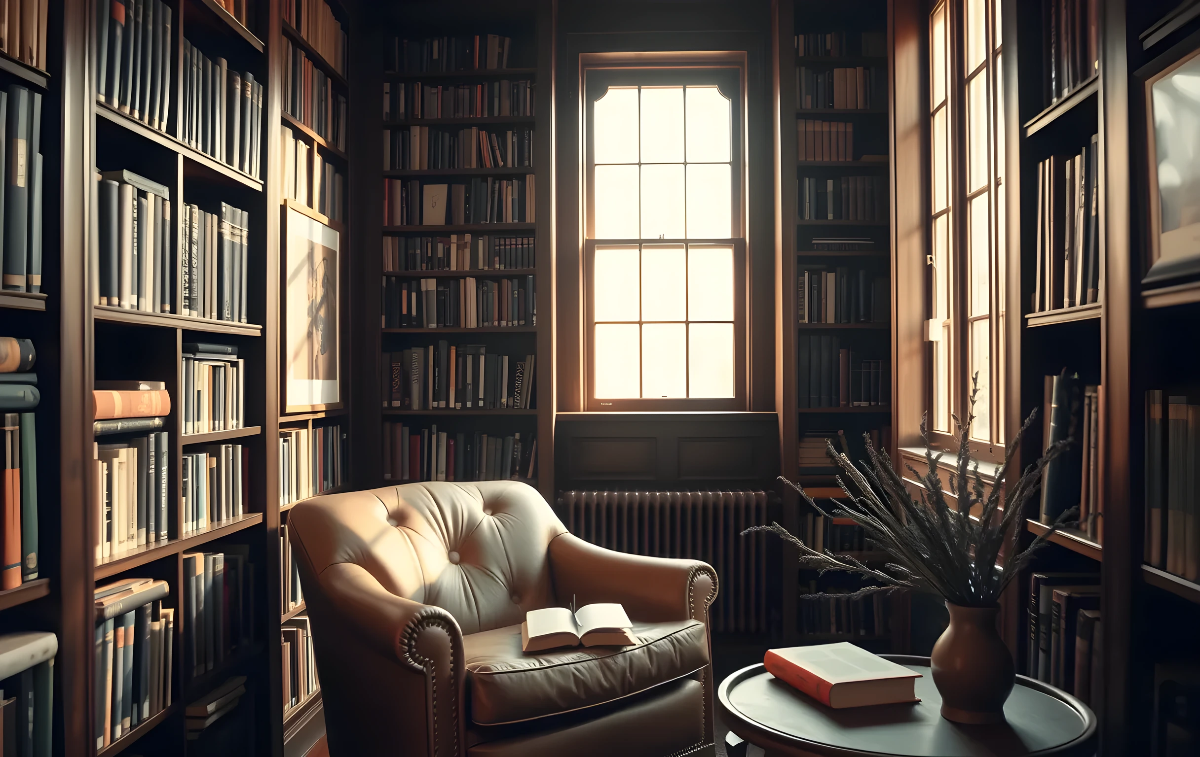 A sunlit reading alcove in an old home library, tall dark-wood bookshelves lined with cloth-bound volumes stretching to a high ceiling, a worn cognac leather armchair angled toward a tall window where warm afternoon light falls across the seat cushion, a small stack of newly bound paperback books resting on a mahogany side table beside a ceramic vase of dried lavender sprigs, the room quiet and golden, wide establishing shot showing the full nook