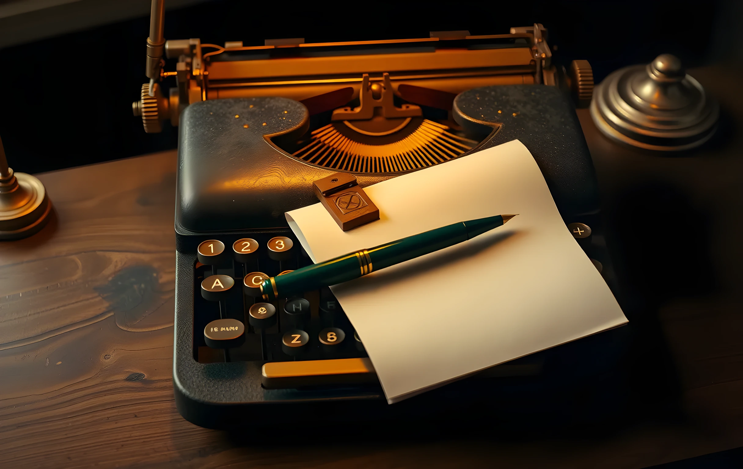 A well-worn manual typewriter with round brass keys sitting on a scarred oak desk surface, its carriage held back by a strip of cream-colored paper secured with a carved wooden clip, a green-lacquered fountain pen lying diagonally across the page rest, warm amber glow from a single small brass banker's lamp illuminating just the keyboard and the paper, shallow depth of field with the background falling into soft darkness, medium close shot focused on the writing tools