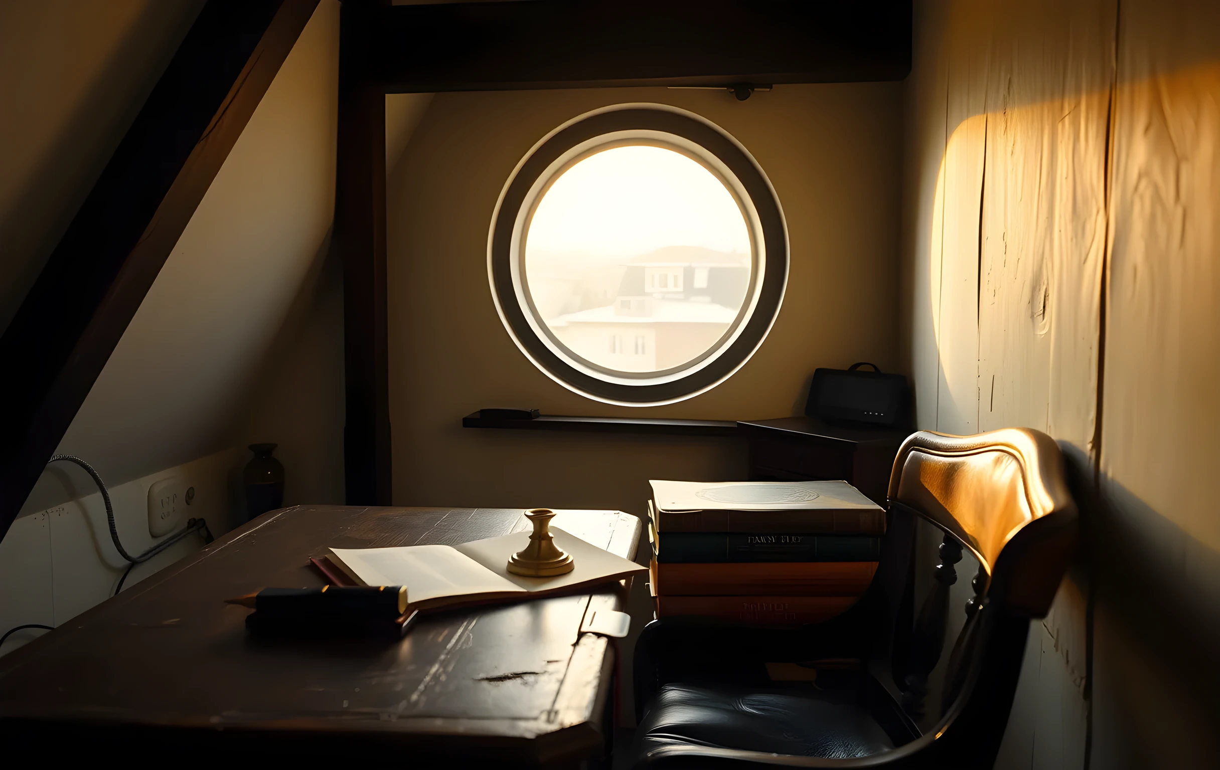 A converted attic writing space bathed in late-afternoon golden light streaming through a round porthole window overlooking rooftops. A worn wooden desk holds a brass fountain pen, a small ceramic inkwell, and a stack of well-worn hardcover books with faded cloth bindings leaning against the wall. A worn leather chair sits slightly askew. Exposed timber beams and old plaster walls frame the scene. Warm, quiet, lived-in atmosphere