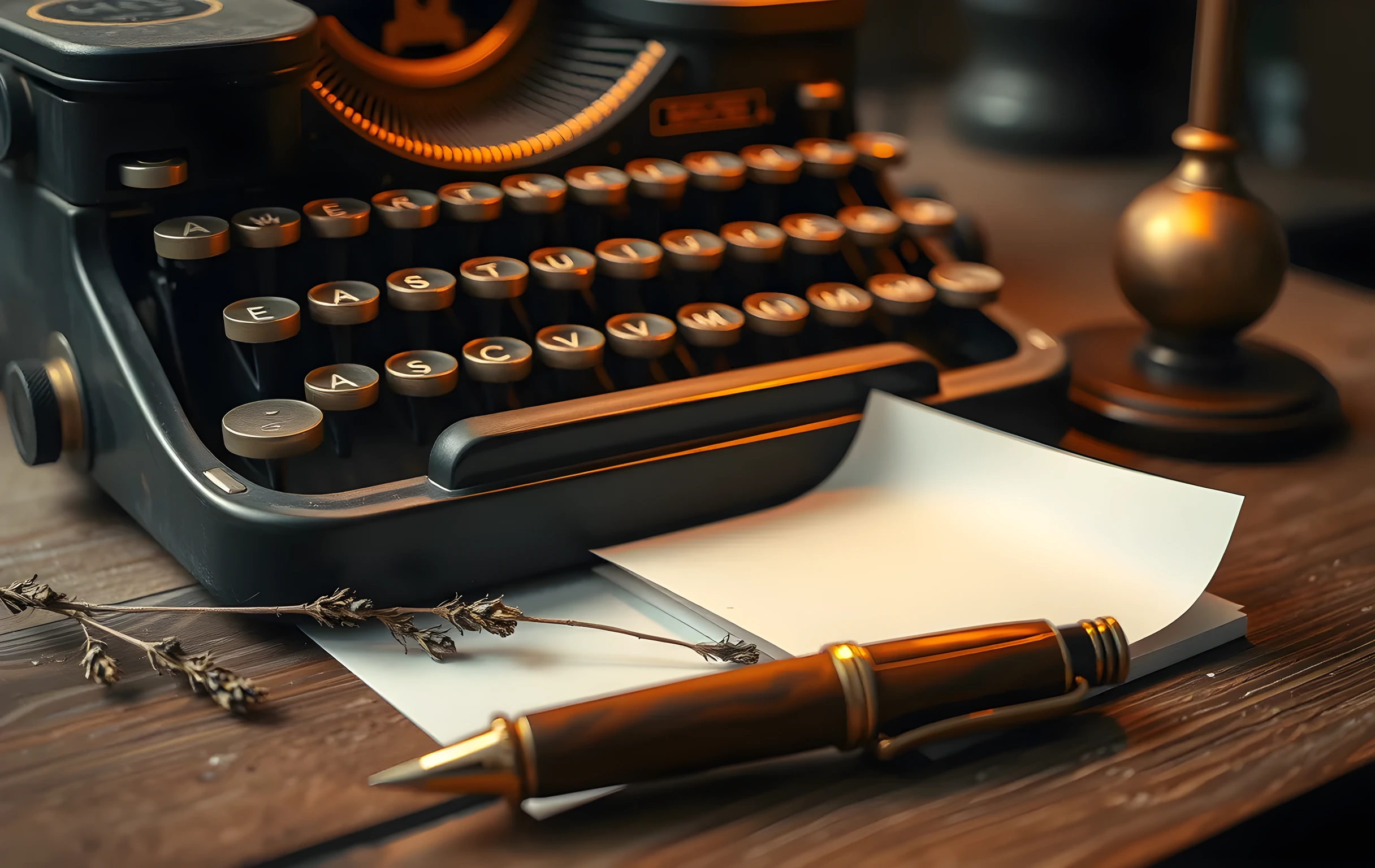 A tight view of a vintage typewriter carriage and key mechanism showing warm metal patina and slight rust flecks, its paper roller loaded with a blank cream sheet. Beside it on the same worn wooden surface, a fountain pen with a carved walnut barrel rests atop a small pile of blank index cards. A dried sprig of lavender and a round brass paperweight complete the composition under the warm amber glow of a single metal desk lamp