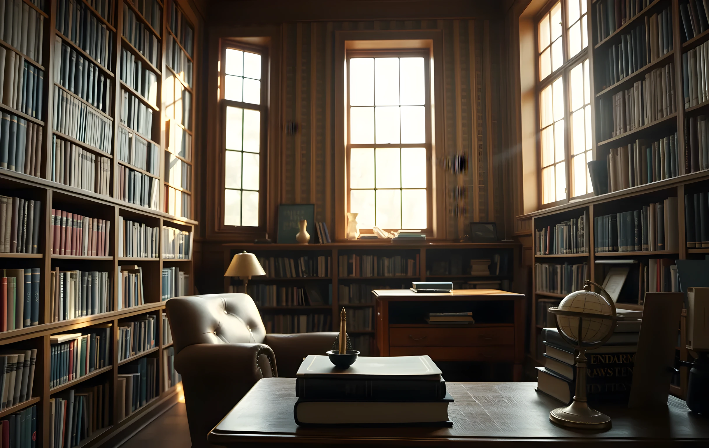 A sunlit writer's study with floor-to-ceiling bookshelves in warm walnut wood, hundreds of hardcover spines in muted greens and oxbloods, a worn leather armchair beside a standing desk where a brass fountain pen rests on a small ceramic dish, tall windows casting long afternoon beams filled with floating dust motes, a stack of thick novels propped against a small globe on the lower shelf, the whole room bathed in golden warmth