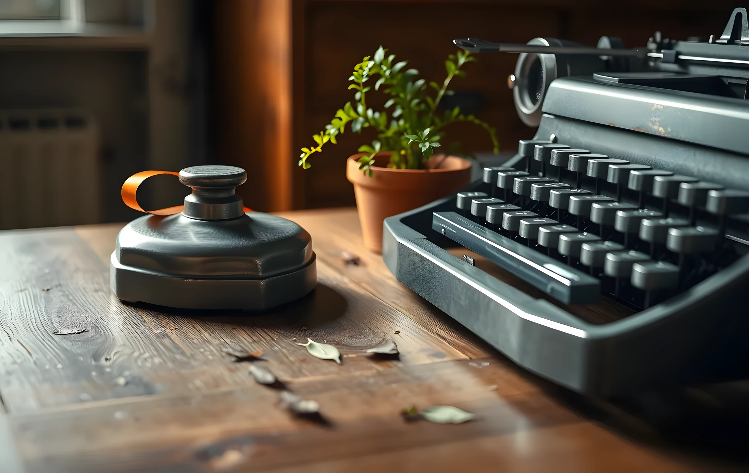 A close view of a weathered oak writing desk surface where a tarnished brass inkwell sits beside a silver mechanical typewriter with its ribbon slightly unfurled, a small potted fern in a rough terracotta pot at the far edge, soft directional window light raking across the wood grain and catching the patina on the metal keys, a few scattered dried leaves at the base of the fern, quiet and still
