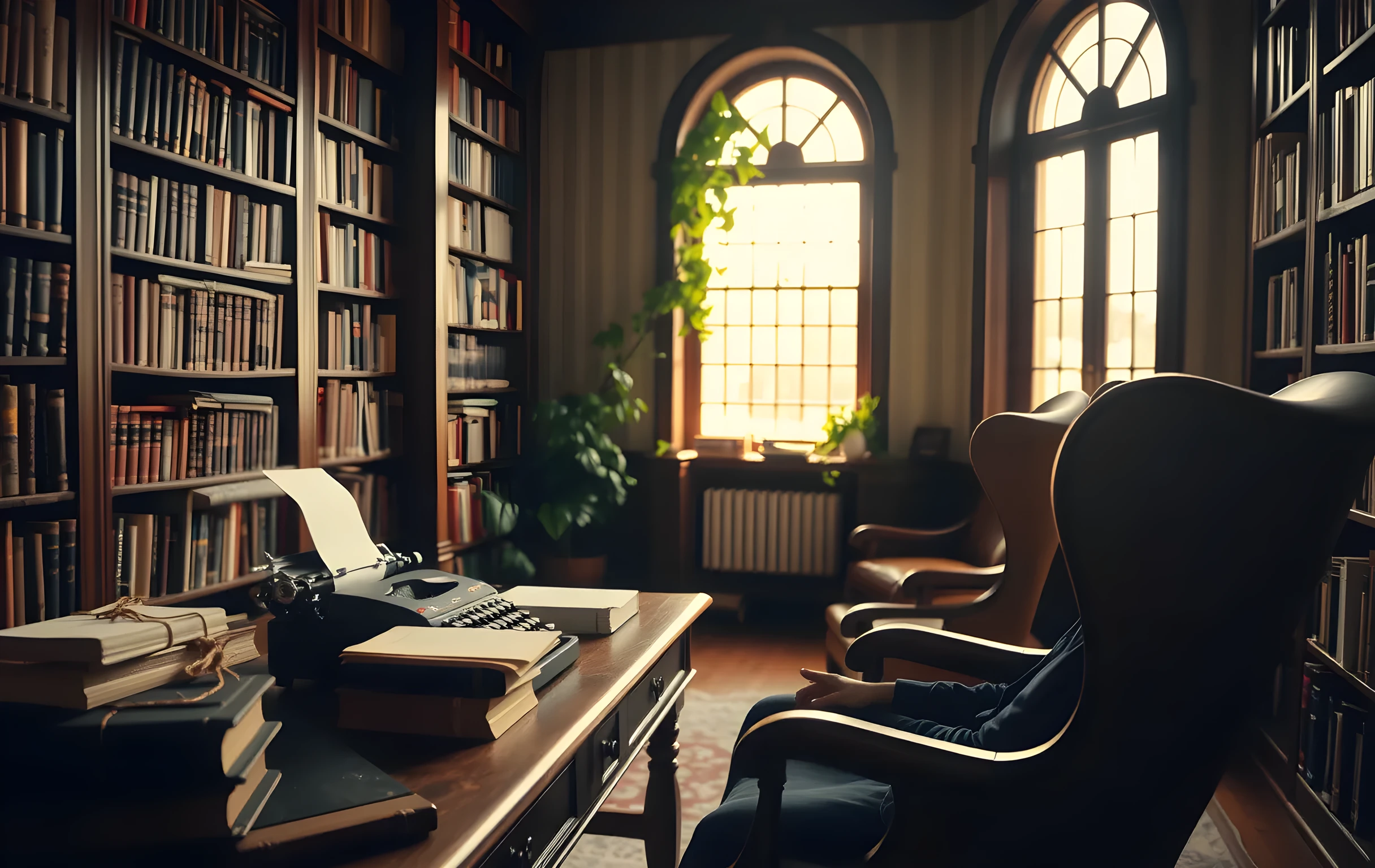 A sunlit writing study with tall floor-to-ceiling shelves lined with leather-bound and cloth-spined books, a mid-century walnut desk holding a vintage typewriter with a sheet of paper loaded, a small stack of manuscripts tied with twine, warm golden afternoon light streaming through a tall arched window with green ivy on the sill, a writer seated at medium distance in a worn wingback chair reading from an open book, the room feels deeply lived-in and scholarly