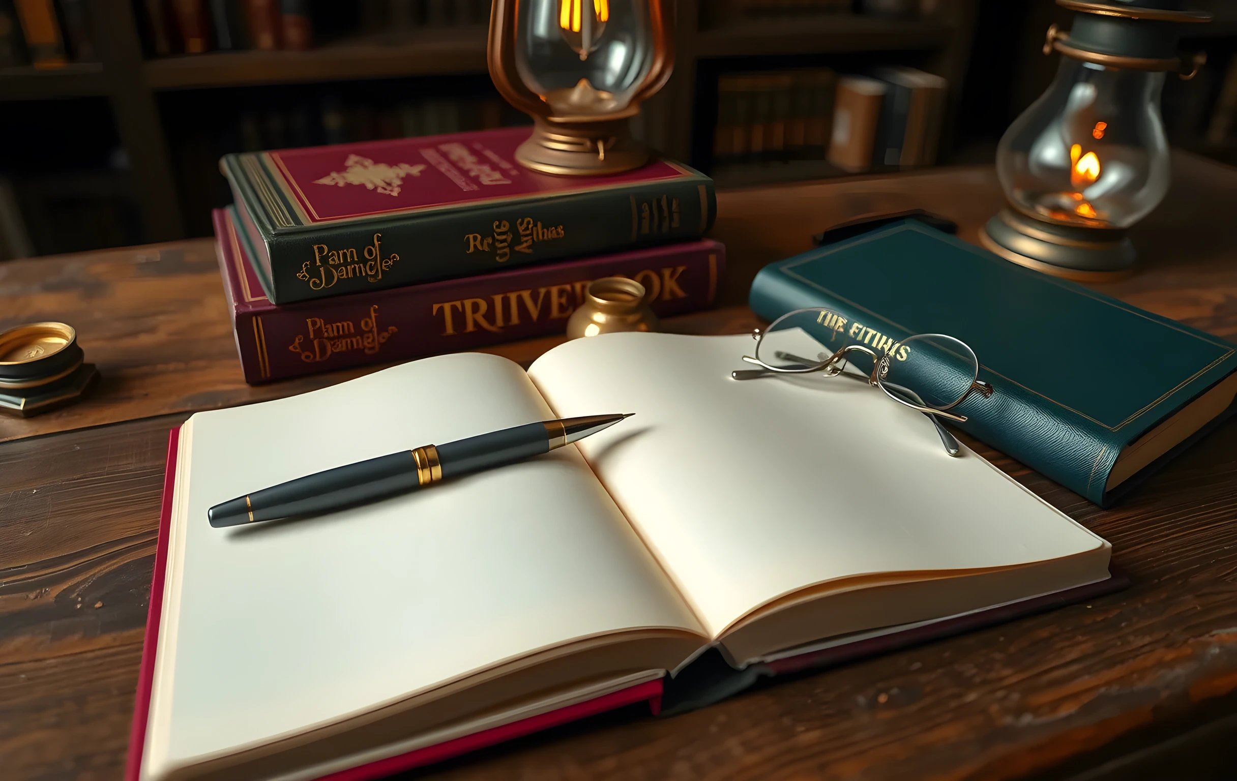 A close view of a weathered oak writing desk surface showing a silver fountain pen lying diagonally across an open cream-colored notebook with blank pages, beside it a neat stack of three cloth-bound hardcover books in deep burgundy and forest green with gold-embossed spines, a small brass inkwell with its lid set aside, a pair of round reading glasses resting on the page edge, all bathed in warm amber light from a nearby oil lamp, the background dissolving into soft-focus dark wood shelving