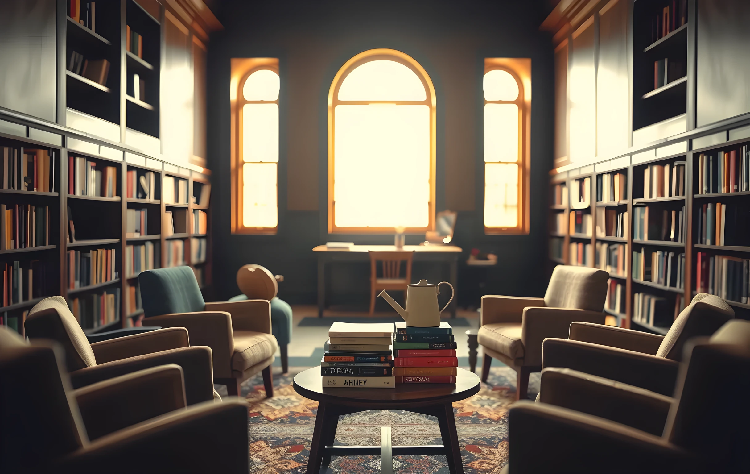 A wide interior view of a sunlit school library with tall dark-wood shelving on both sides, a loose circle of six mismatched upholstered armchairs arranged on a patterned kilim rug in the center, warm amber afternoon light pouring through three tall arched windows at the far end, a small round wooden table beside the chairs holding a stack of five thick paperback novels with plain colored spines and a ceramic watering can, the room empty and quiet, dust motes visible in the light shafts, no people, no text visible on any surface