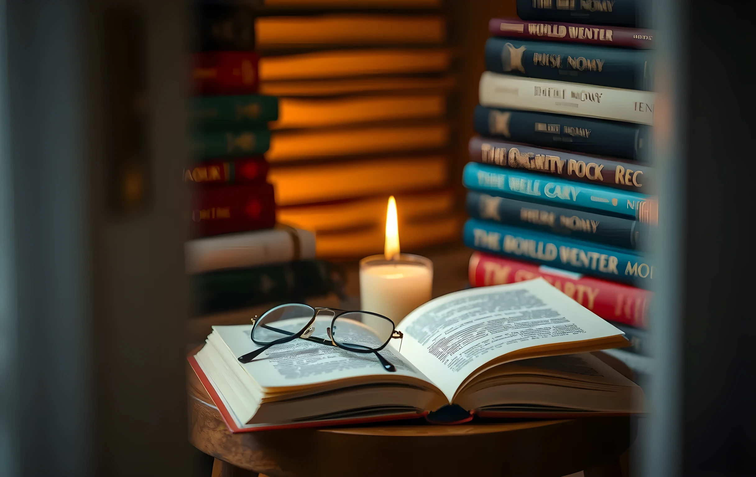 A close detail shot of a cozy reading nook corner where a lit beeswax candle sits beside two folded reading glasses and a single open paperback book with cream pages, all resting on a small round walnut table, soft golden candlelight illuminating the scene, shallow depth of field dissolving the background into a warm blur of stacked book spines in muted reds, blues, and greens, no visible text on any page or spine, no hands, no faces, intimate and still