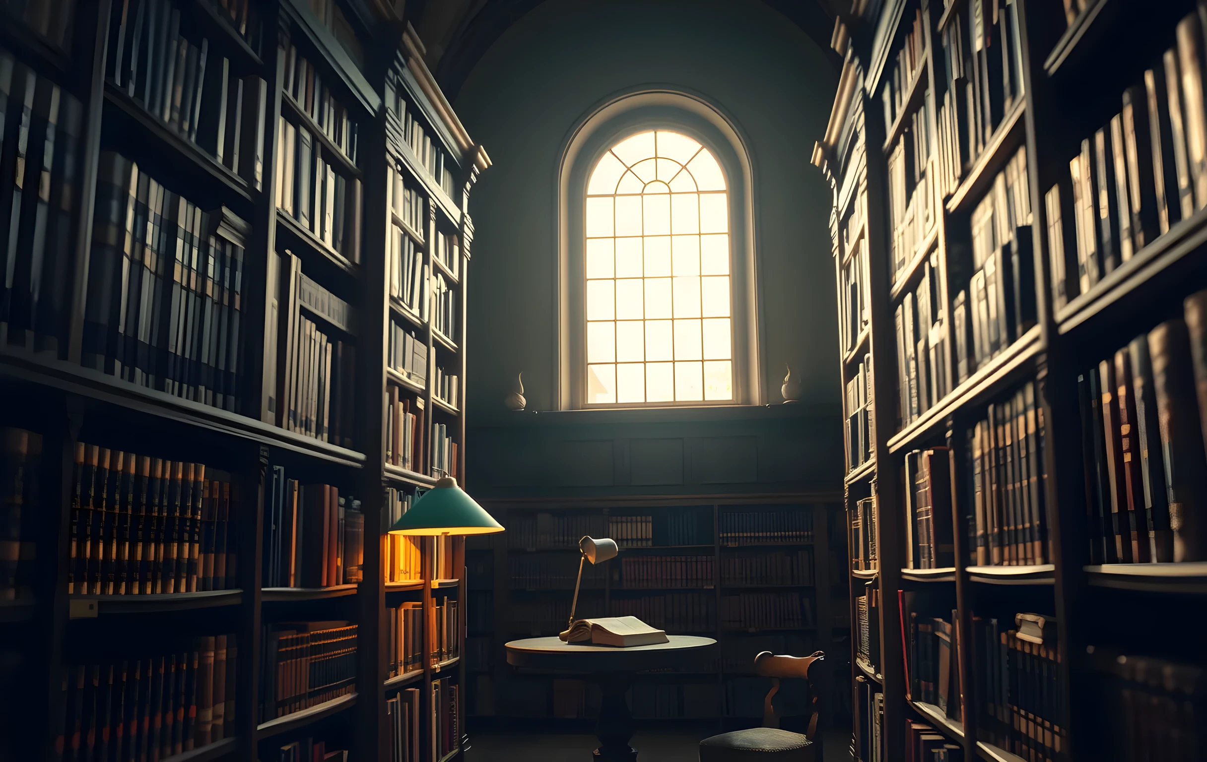 A sunlit reading alcove in a century-old library, tall dark-wood shelves packed with leather-bound and clothbound volumes stretching to a vaulted ceiling, a single green-shaded banker's lamp glowing warm on a small round reading table, dust motes drifting lazily in a shaft of golden afternoon light from a tall arched window, the overall mood quiet and contemplative, no people visible