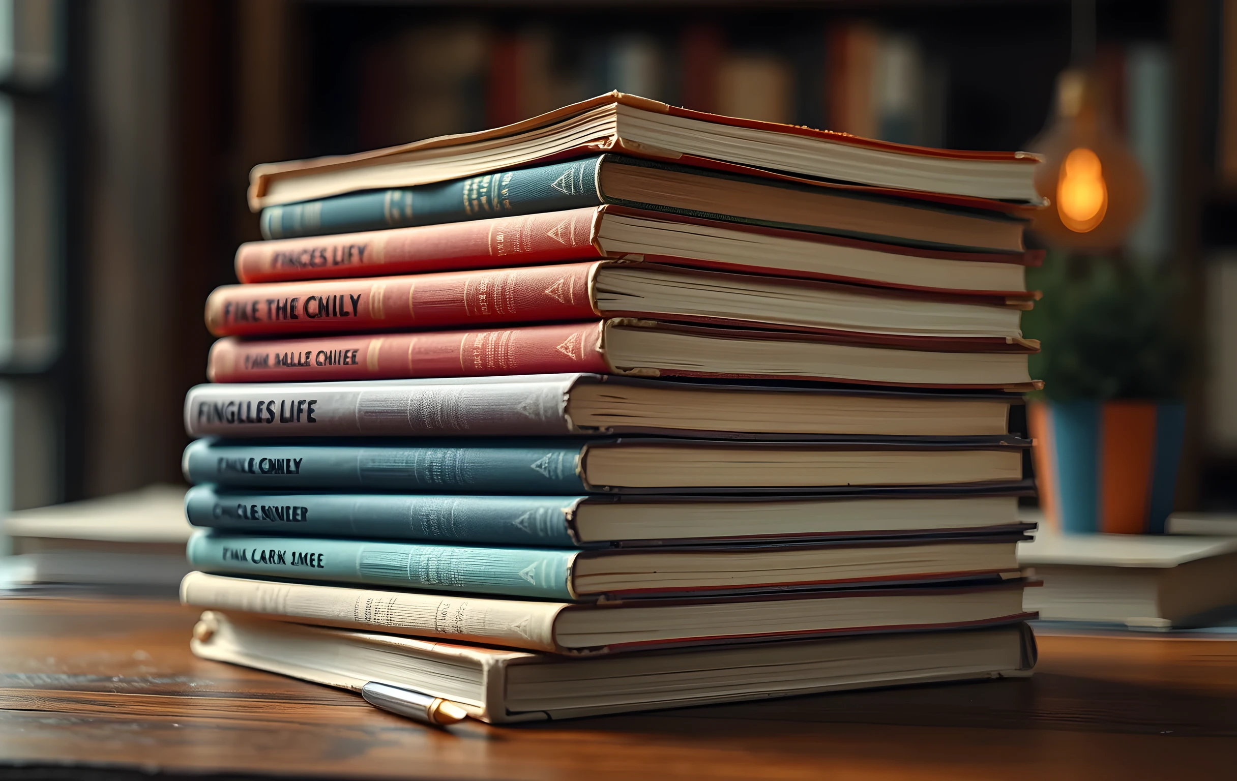 A tight cluster of seven well-thumbed paperback novels stacked at slight angles on a rough-hewn oak surface, their spines showing worn corner creases and faded color bands in muted reds and blues, a slim brass fountain pen tucked between two volumes, warm sidelight from an unseen window catching the fibrous texture of the paper page edges, background dissolved entirely into soft amber and olive bokeh
