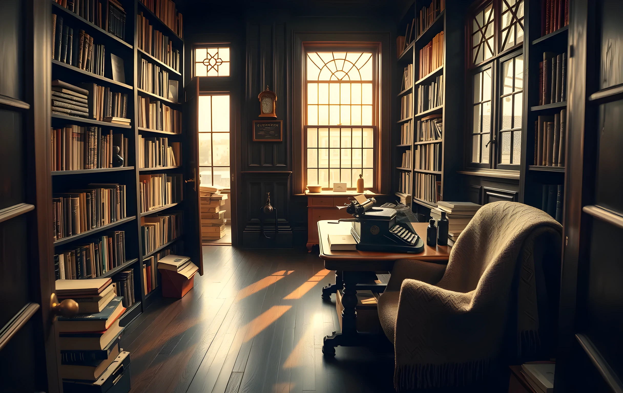 A tall narrow writers workshop inside a converted Victorian townhouse, floor-to-ceiling dark wood bookshelves packed with cloth-bound volumes and small manuscript stacks, a large writing desk holding an old mechanical typewriter and two glass ink bottles, warm golden evening light streaming through leaded glass windows casting long geometric shadows across the wooden floor, a worn reading chair with a thick wool blanket draped over one arm in the far corner, wide environmental shot from the doorway looking in, no people visible