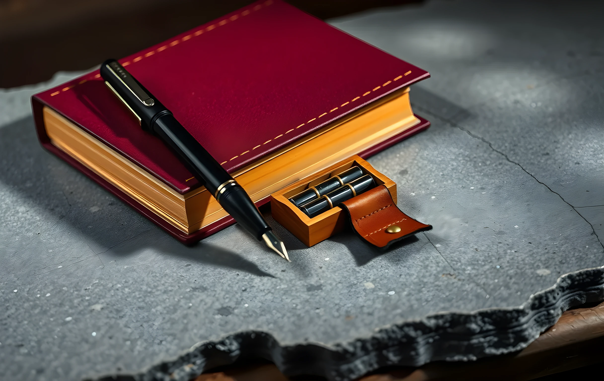 A single heavy black fountain pen lying diagonally across the closed deep burgundy cloth-covered spine of a thick hardcover book, beside it a small open wooden box containing three glass ink cartridges and a folded leather bookmark with a brass tip, all resting on a rough-hewn grey stone tabletop, warm directional light from the upper left casting soft elongated shadows, tight detail shot filling the frame, no hands no faces no text visible