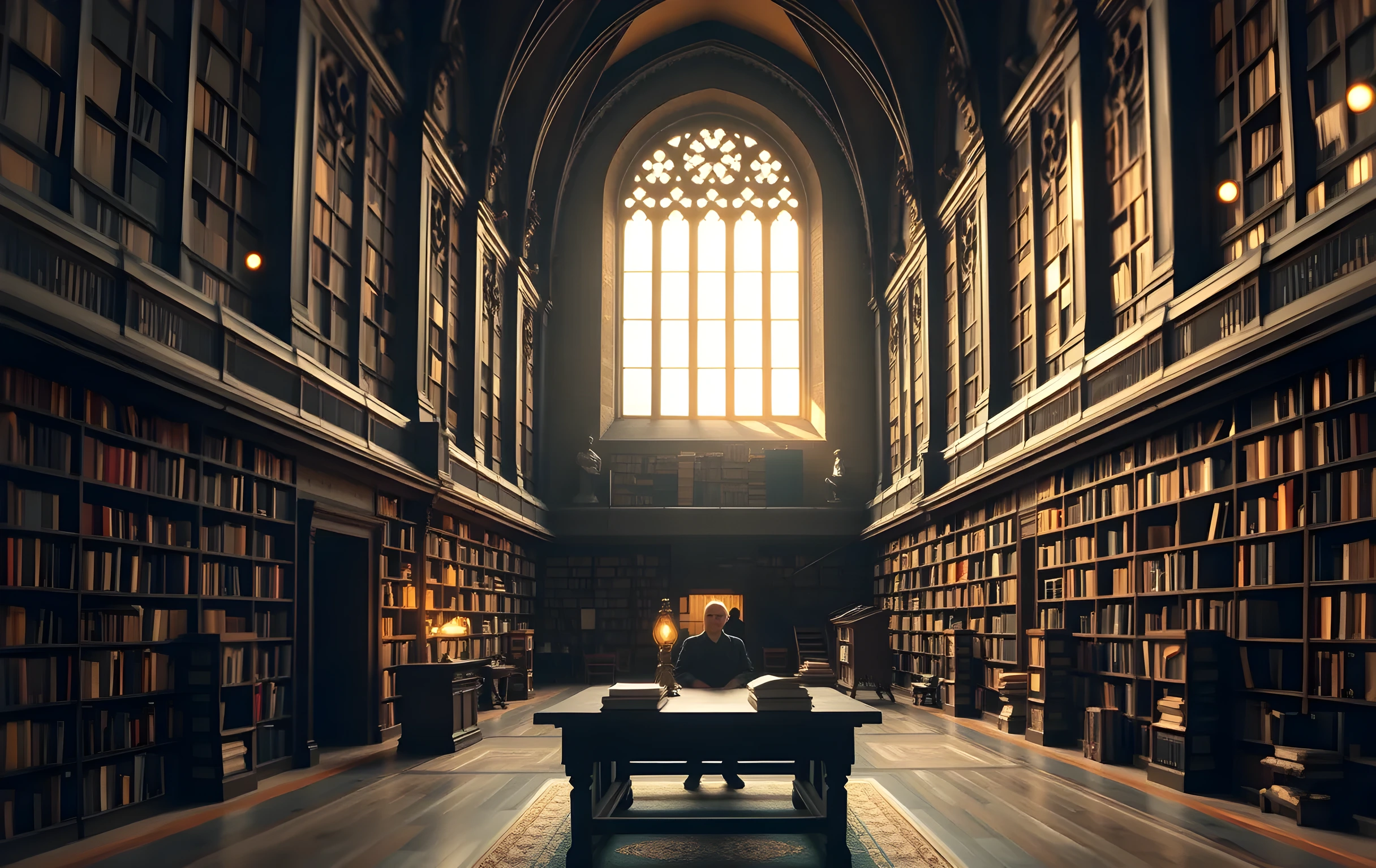 A vast cathedral-style reading hall in a historic library, towering dark wooden bookshelves stretching up to vaulted stone ceilings, warm amber afternoon light streaming through tall arched windows and casting long golden rectangles across the floor, a small solitary figure of a writer seated far in the distance at a long oak table surrounded by stacks of cloth-bound books and a single glowing brass oil lamp, the overall mood quiet and reverent, rich warm tones of honey, walnut brown, and soft gold