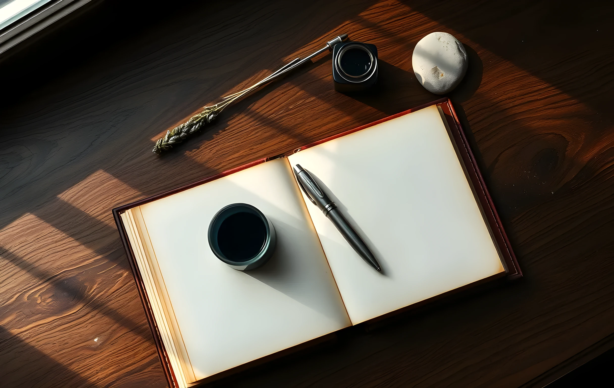 A close overhead-angle view of a weathered dark walnut writing desk surface, a thick leather-bound book with two brass clasps lying open to a blank page, a silver fountain pen with a faceted grip resting diagonally beside it, a small round glass inkwell filled with deep blue-black ink, a few scattered dried lavender sprigs and a single smooth river stone on the wood grain, soft directional window light raking in from the upper left creating long gentle shadows across the surface, intimate and tactile, no text visible anywhere