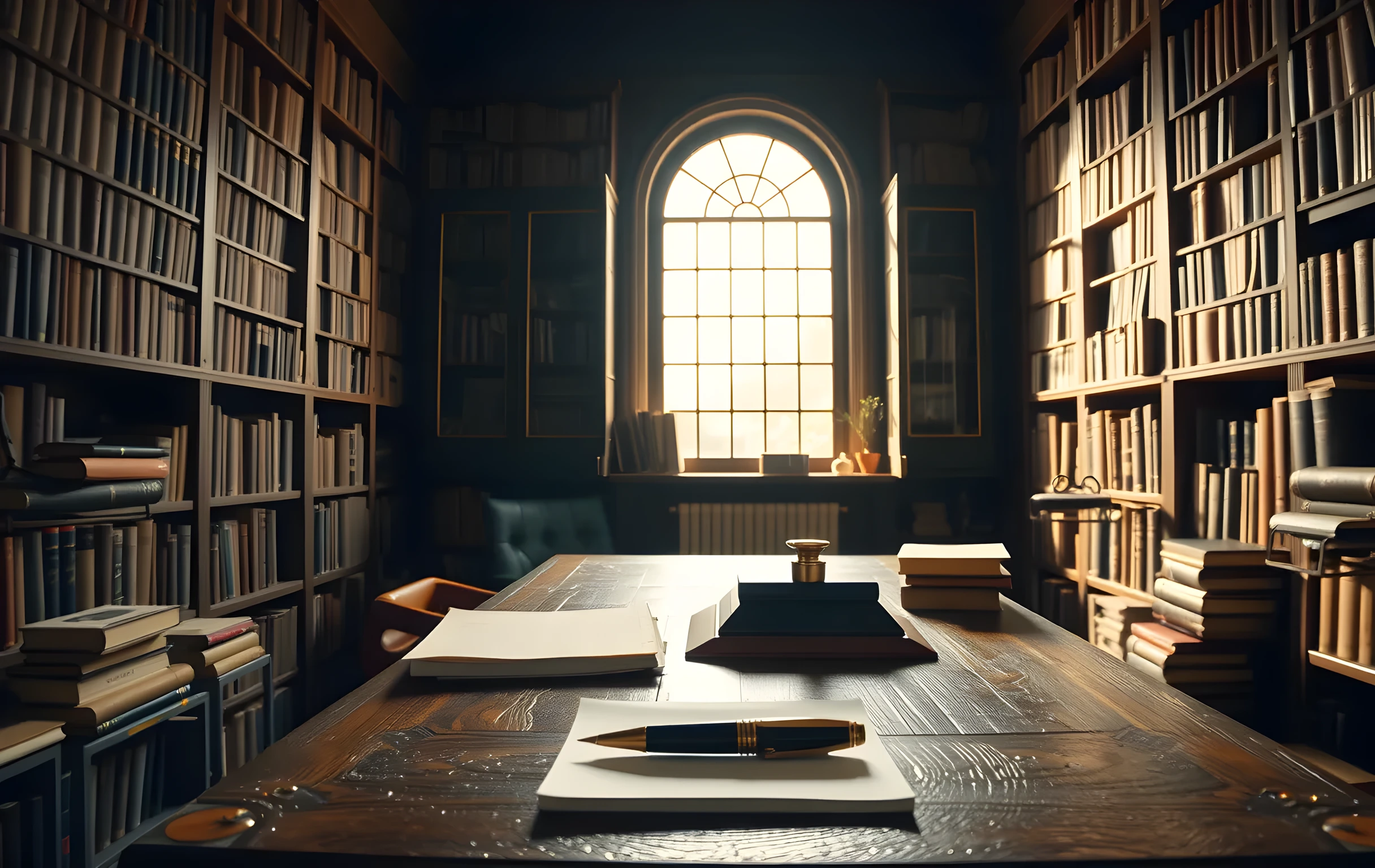 A sunlit writing room with floor-to-ceiling wooden bookshelves packed with cloth-bound volumes in muted earth tones, a heavy oak desk holding a brass inkwell, a fountain pen resting on a dark leather blotter, and a small neat stack of cream-colored paper sheets, warm golden afternoon light streaming through a tall arched window, no readable text or labels visible anywhere in the scene