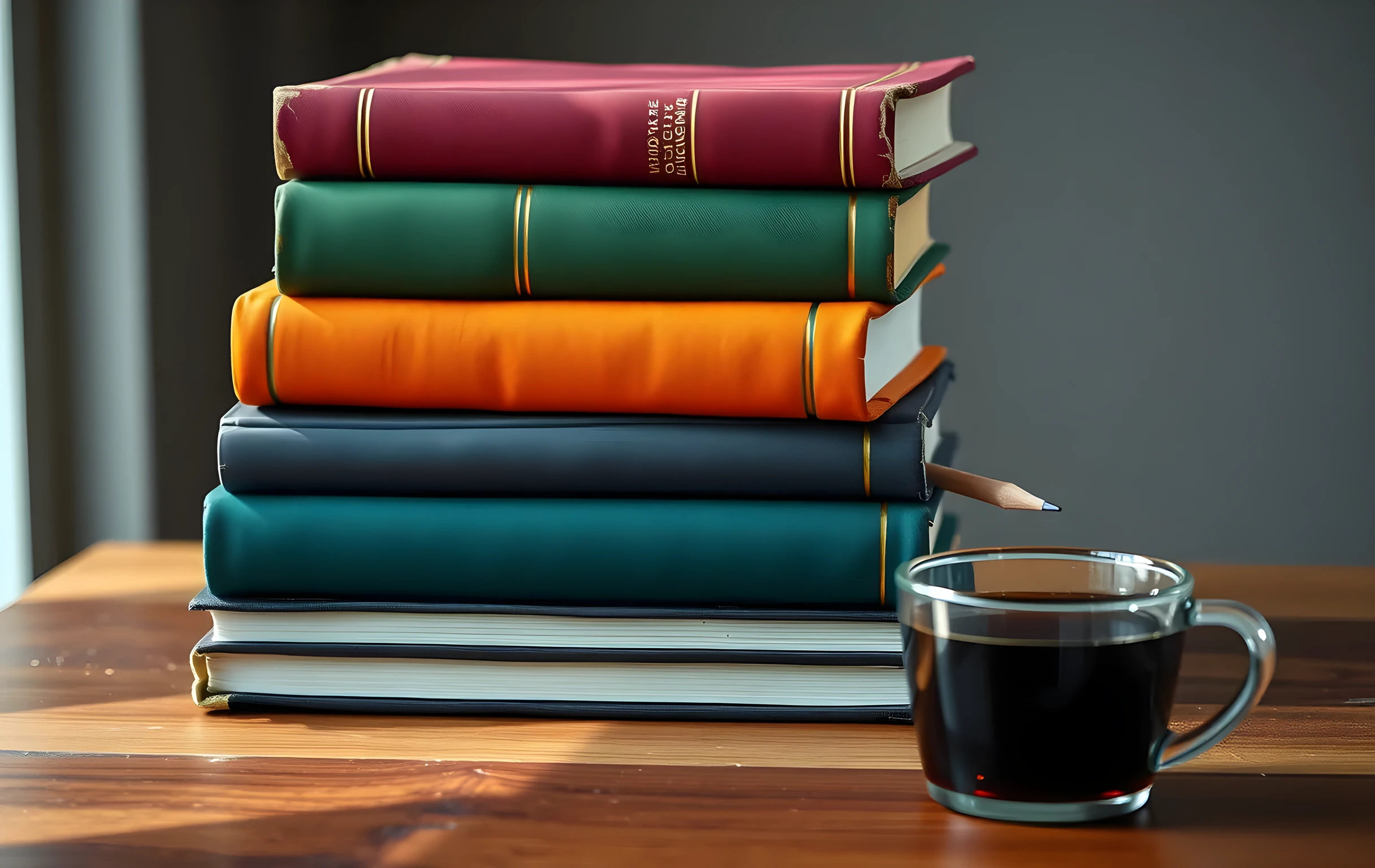 A tight close-up of five thick hardcover books with worn cloth spines in deep burgundy, forest green, navy, ochre, and charcoal stacked on a rough-hewn oak table beside a small ceramic cup of dark tea and a wooden pencil tucked behind the middle volume, soft directional light from the left casting gentle shadows, no text, labels, or writing visible on any surface