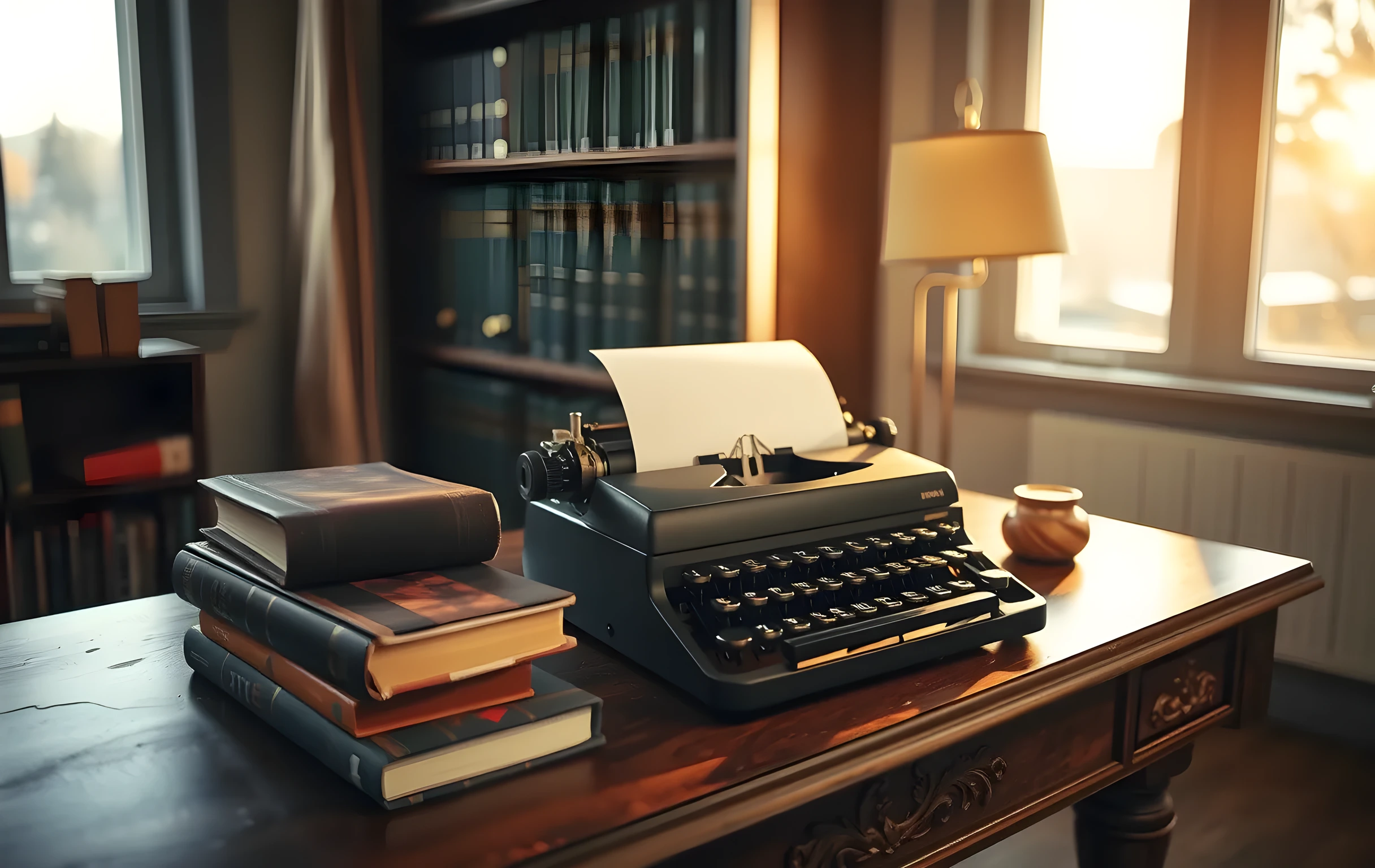 A sunlit corner study at golden hour, a large wooden desk bearing a vintage black typewriter with a single sheet of paper half-advanced, three stacked cloth-bound hardcover books, an open brass inkwell, and a small ceramic lamp casting warm amber light; behind the desk a tall bookshelf recedes into soft focus, the room feels quiet and recently occupied, no person visible, no screens or text