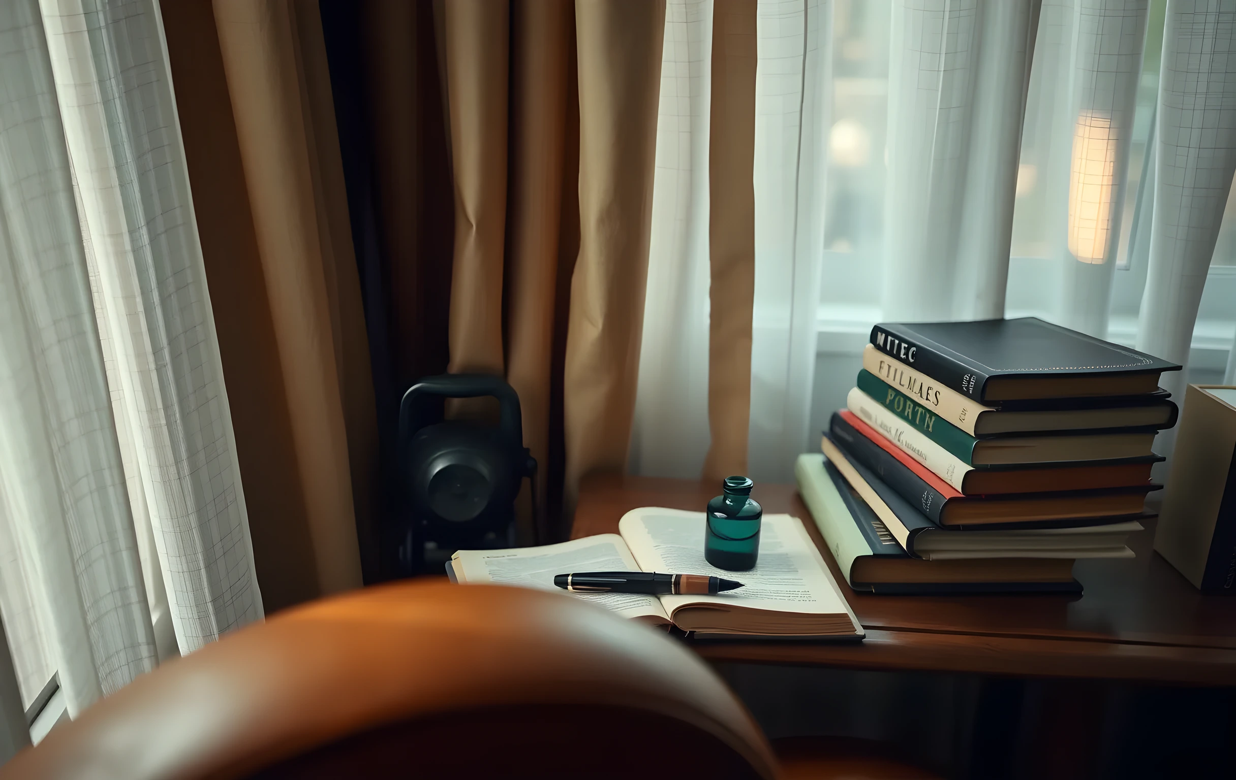 A close view of a well-worn leather reading chair arm beside a narrow wooden side table holding a single fountain pen resting on a small ink bottle, a thick stack of cloth-spine books leaning against the wall behind, dappled afternoon light filtering through sheer linen curtains in the background, shallow depth of field blurring the rest of the room, no person visible, no text or signage