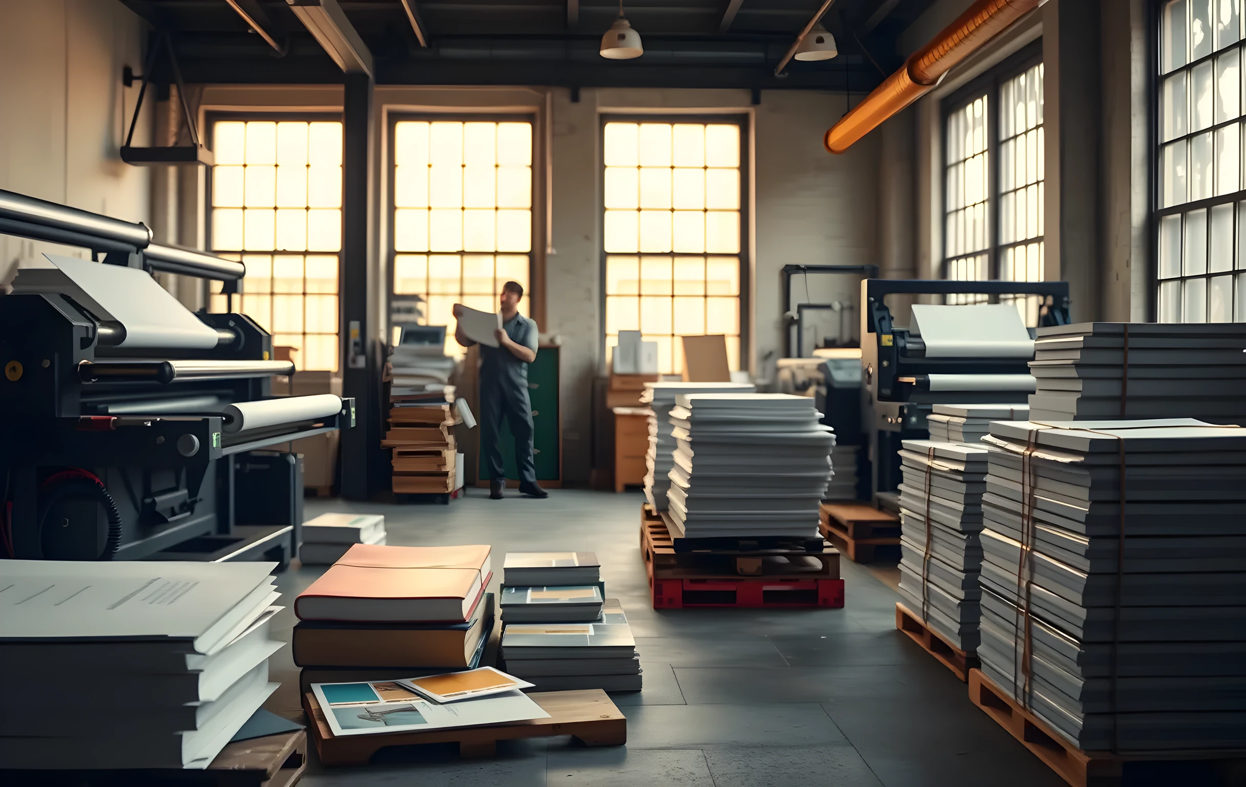 A wide interior shot of a small artisan print workshop bathed in warm amber light from tall industrial windows, two large offset printing presses running slowly with blank white paper sheets feeding through rollers, wooden pallets stacked high with freshly printed art books wrapped in clear film, scattered color swatch cards on a workbench in the foreground, a figure in dark overalls standing at the far end of the room examining a sheet held up to the light, the scene conveying quiet industrial craft and scale