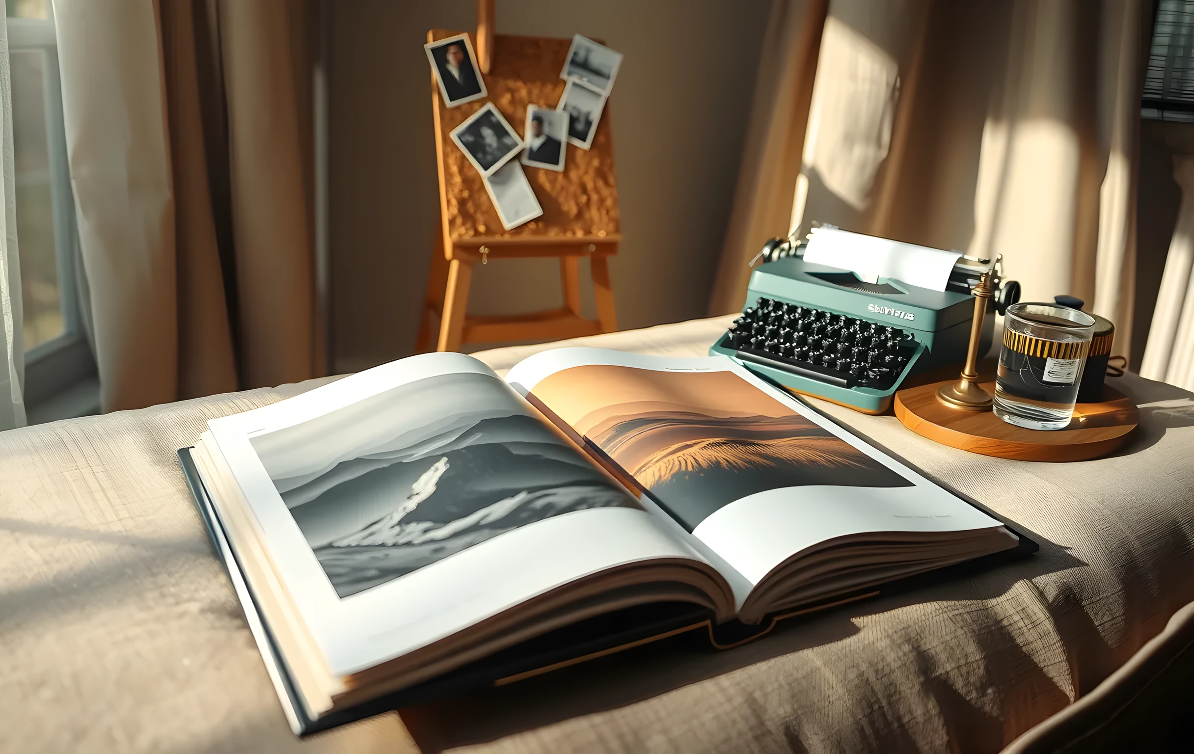 A close framing on an open thick photography book resting on a rumpled linen sofa cushion in a sunlit reading corner, the spread showing large abstract landscape photographs in muted ochre and slate tones, loose unbleached paper prints pinned above the sofa to a small cork board, a vintage green typewriter sitting on a walnut side table beside a simple glass of water, soft afternoon light streaming through sheer cotton curtains casting long gentle shadows across the scene