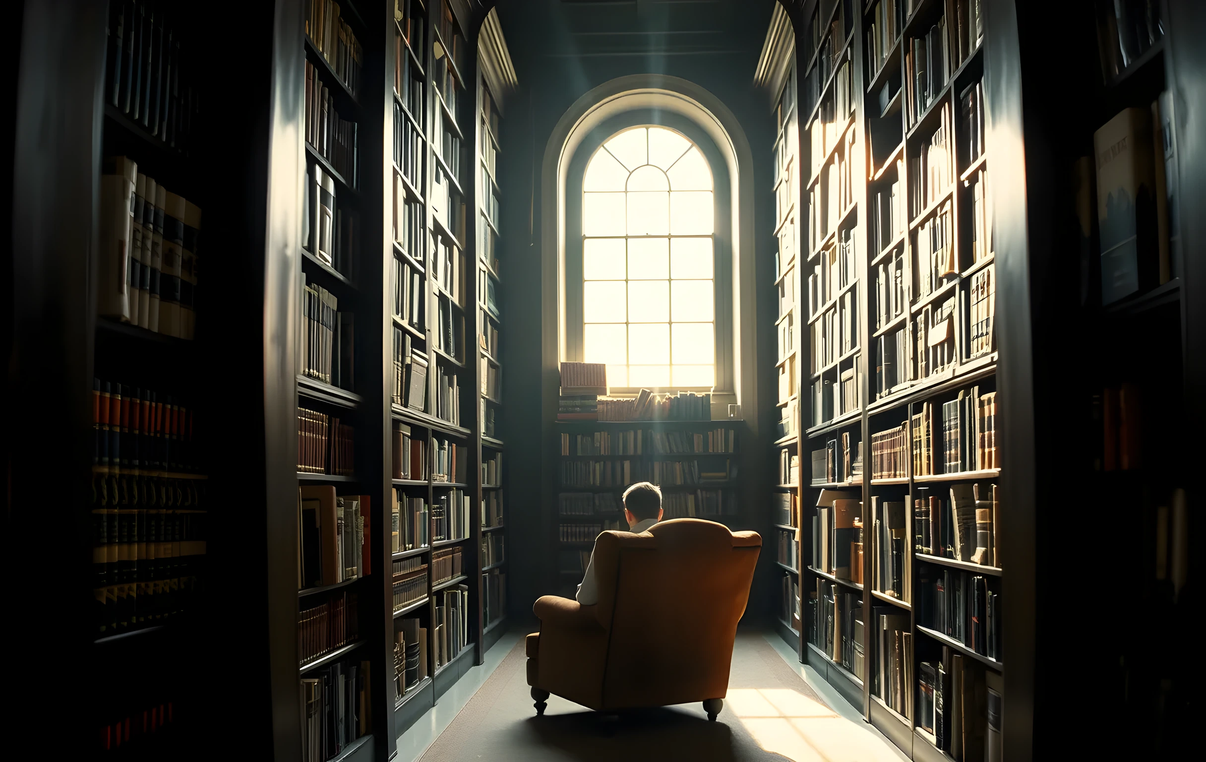 A wide interior view of a sunlit corner in an old public library: towering floor-to-ceiling shelves lined with leather-bound and cloth-spined books in muted greens, burgundies, and ochres; a single worn velvet armchair pulled slightly away from the shelf; long shafts of warm afternoon light streaming through tall arched windows, catching floating dust motes; at the far end of the frame, a small distant figure of a person sitting in the chair, back to camera, dwarfed by the surrounding shelves; no text visible anywhere, no faces, no screens