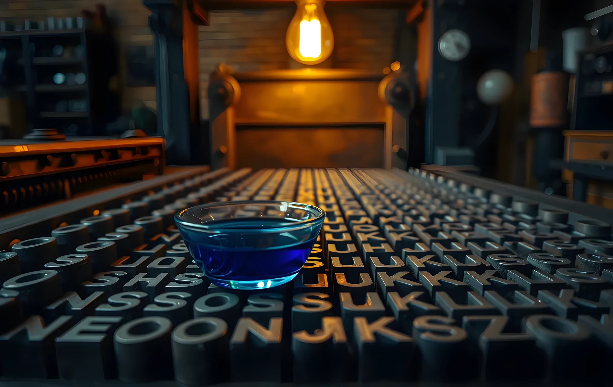 A close detail scene inside a working letterpress print shop: a heavy cast-iron type case filled with rows of individual metal letters, a small glass dish holding a pool of deep cobalt-blue printing ink, the worn wooden bed of a large hand press visible in soft focus behind; all lit by a single warm tungsten bulb overhead creating strong chiaroscuro shadows across the iron and wood textures; no readable text, no faces, no hands, no screens