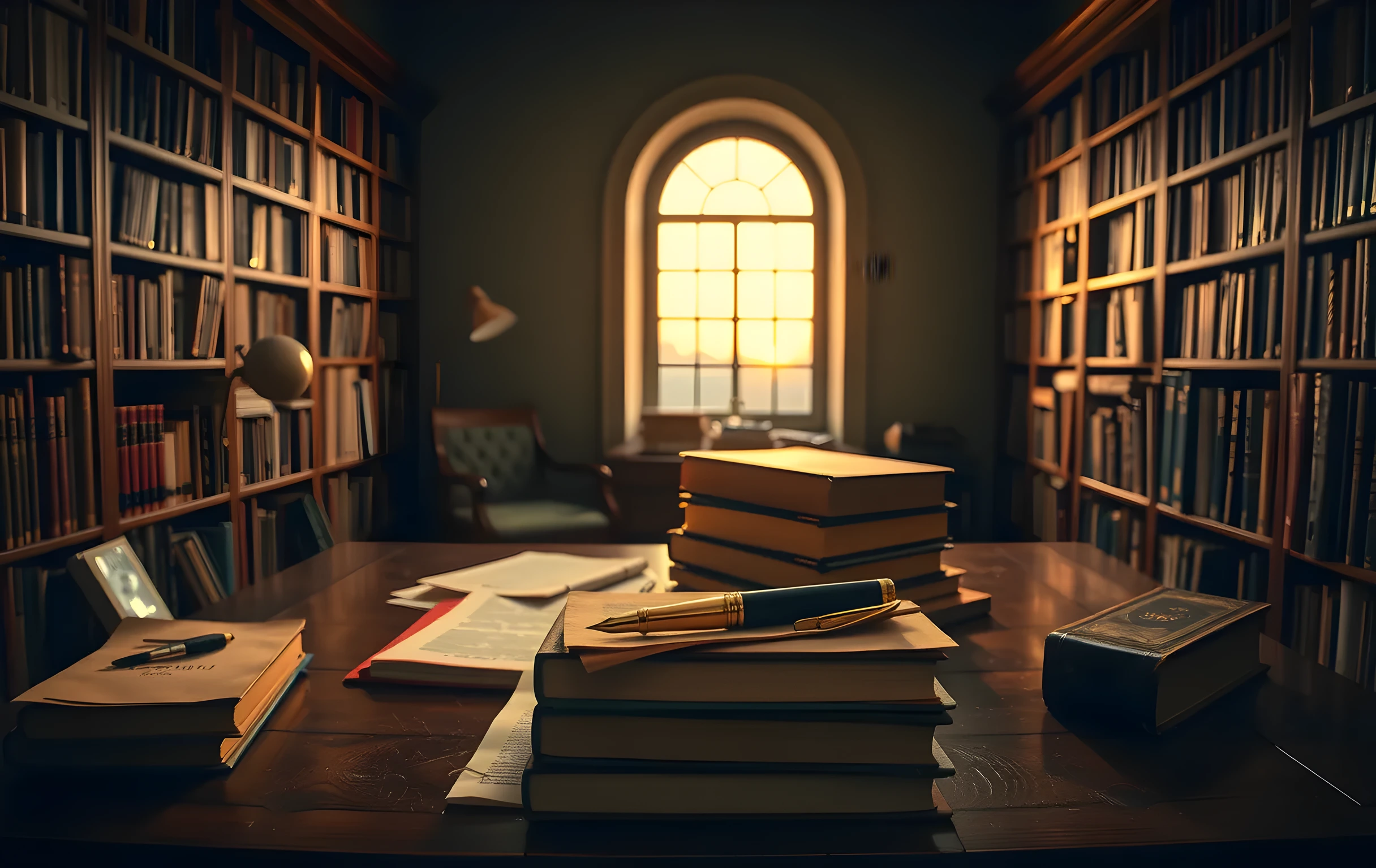 A wide view of a writer's study at golden hour, warm amber lamplight spilling across a large dark-wood desk covered in crumpled and flat sheets of paper, a brass fountain pen resting atop a neat stack of three thick hardcover books with cloth bindings, tall bookshelves packed with spines receding into soft shadow along the far wall, a single arched window framing a deep orange twilight sky, no people visible, rich textures of wood grain and leather, cinematic depth of field