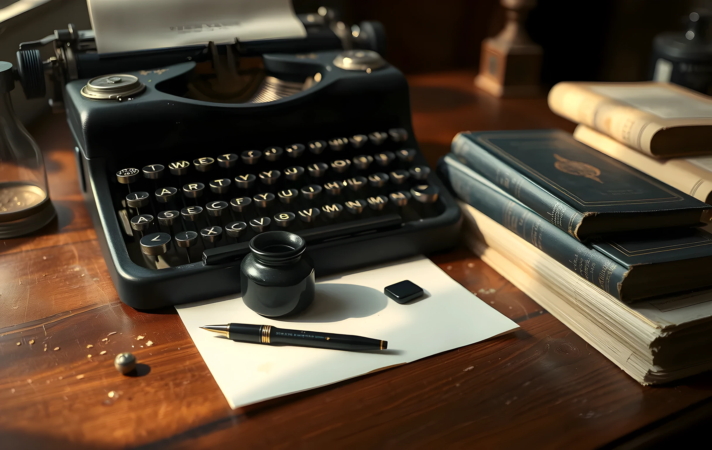 A tight close arrangement on a worn mahogany surface: a vintage black typewriter with a blank sheet of paper loaded in the roller, a small ceramic inkwell filled with dark blue-black ink beside it, an uncapped fountain pen lying on a square of cream blotting paper, two dog-eared paperback novels stacked askew at the edge of the frame, warm directional side-light casting long soft shadows, shallow depth of field blurring the background into a deep umber wash, no hands, no faces, no readable text on any surface