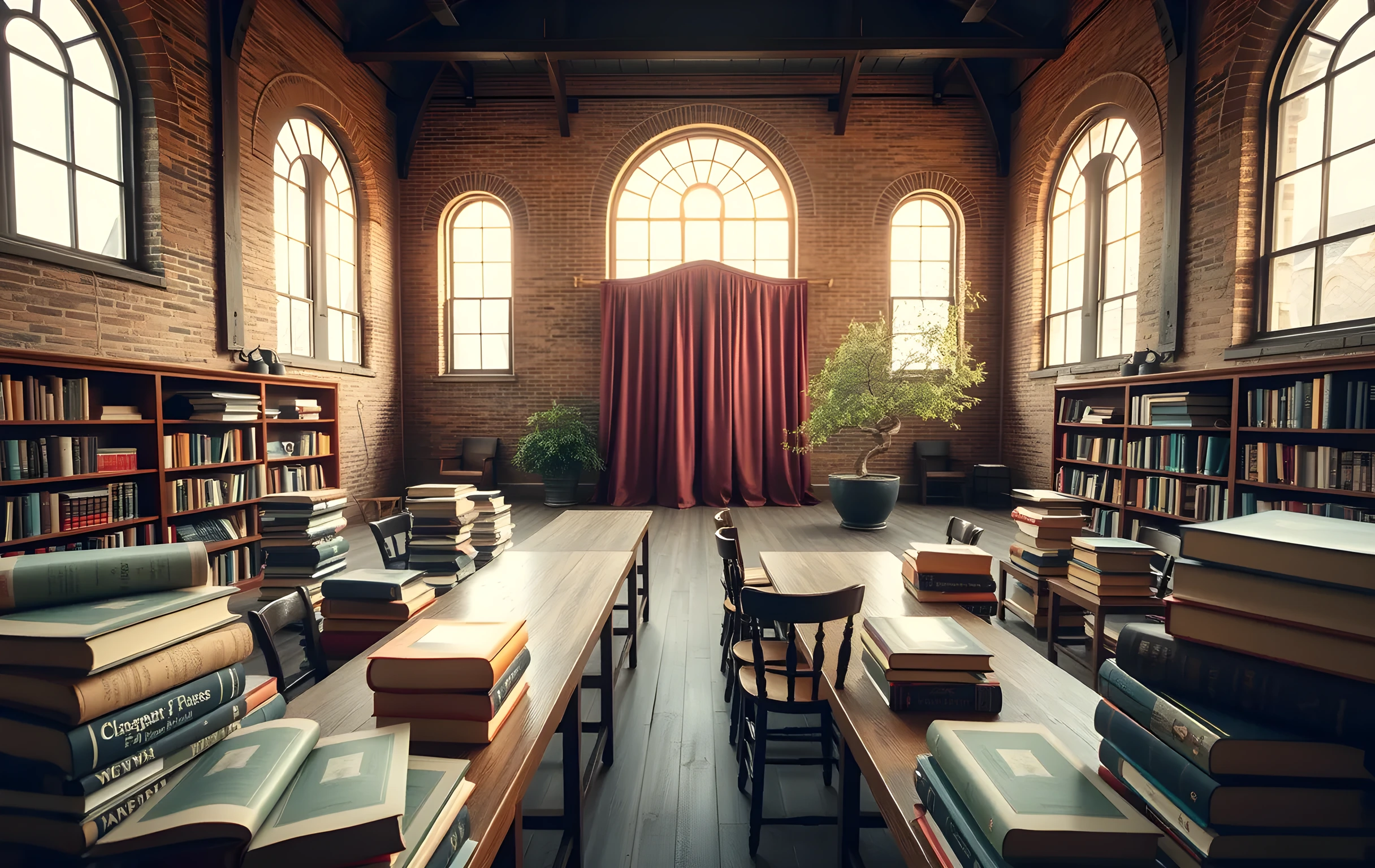 A wide interior view of a sunlit community reading room in an old brick building, long oak tables stacked with thick hardcover books that have plain unmarked cloth spines in muted sage, rust, and cream tones, a small raised stage at the far end draped in deep burgundy velvet, warm golden afternoon light pouring through tall arched windows, empty wooden chairs arranged in loose rows, a potted olive tree in the corner, the entire scene quiet and expectant with no people present