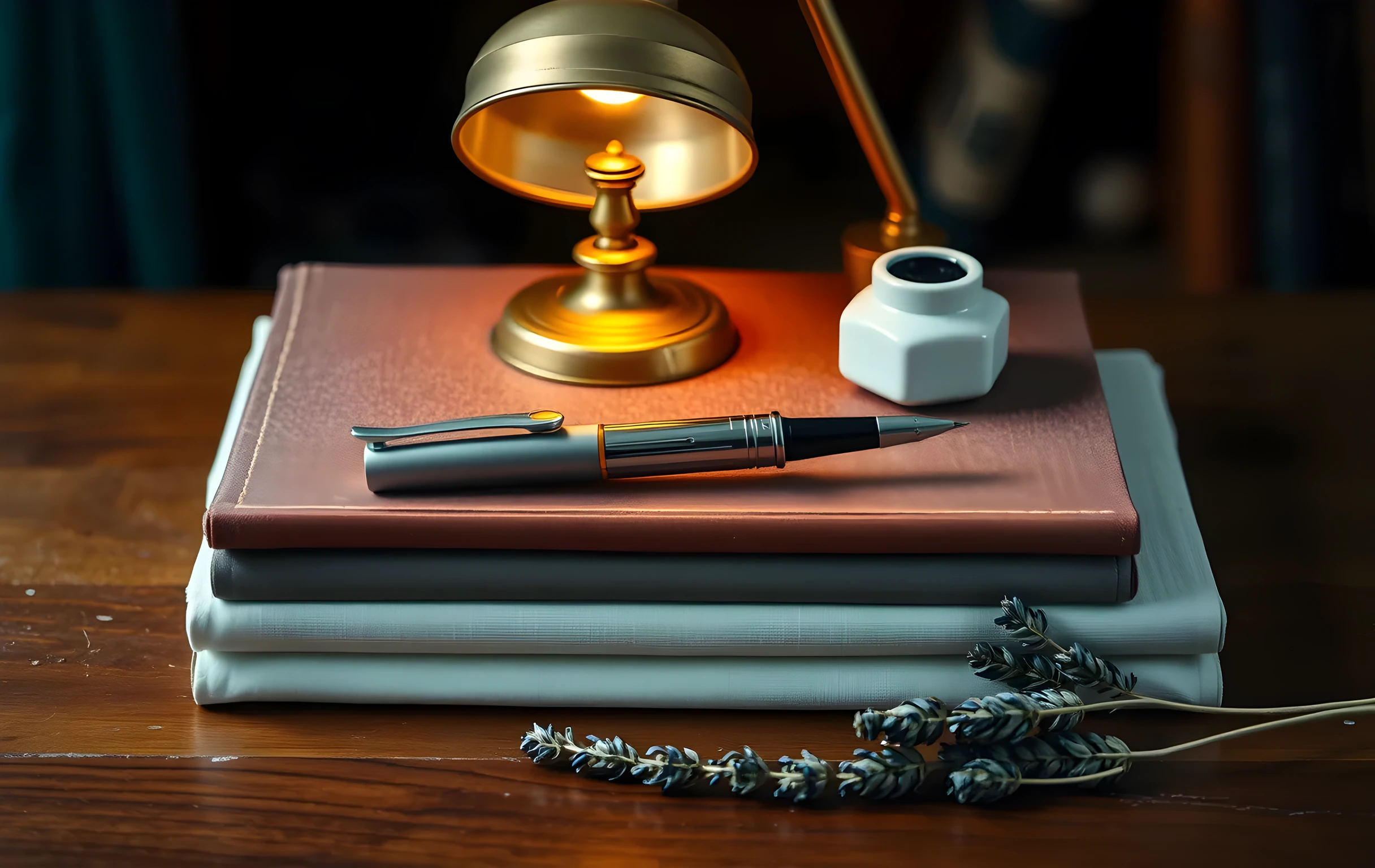 A tight detail shot of a worn mahogany desk surface where a silver-nibbed fountain pen lies diagonally across a stack of three thick hardcover books with plain untextured linen covers in charcoal, terracotta, and pale blue, a small brass reading lamp bent over the stack casting a warm pool of light, a ceramic inkwell filled with dark indigo ink beside the pen, two dried sprigs of lavender lying near the edge, the background falling into soft deep shadow with no visible text or writing anywhere