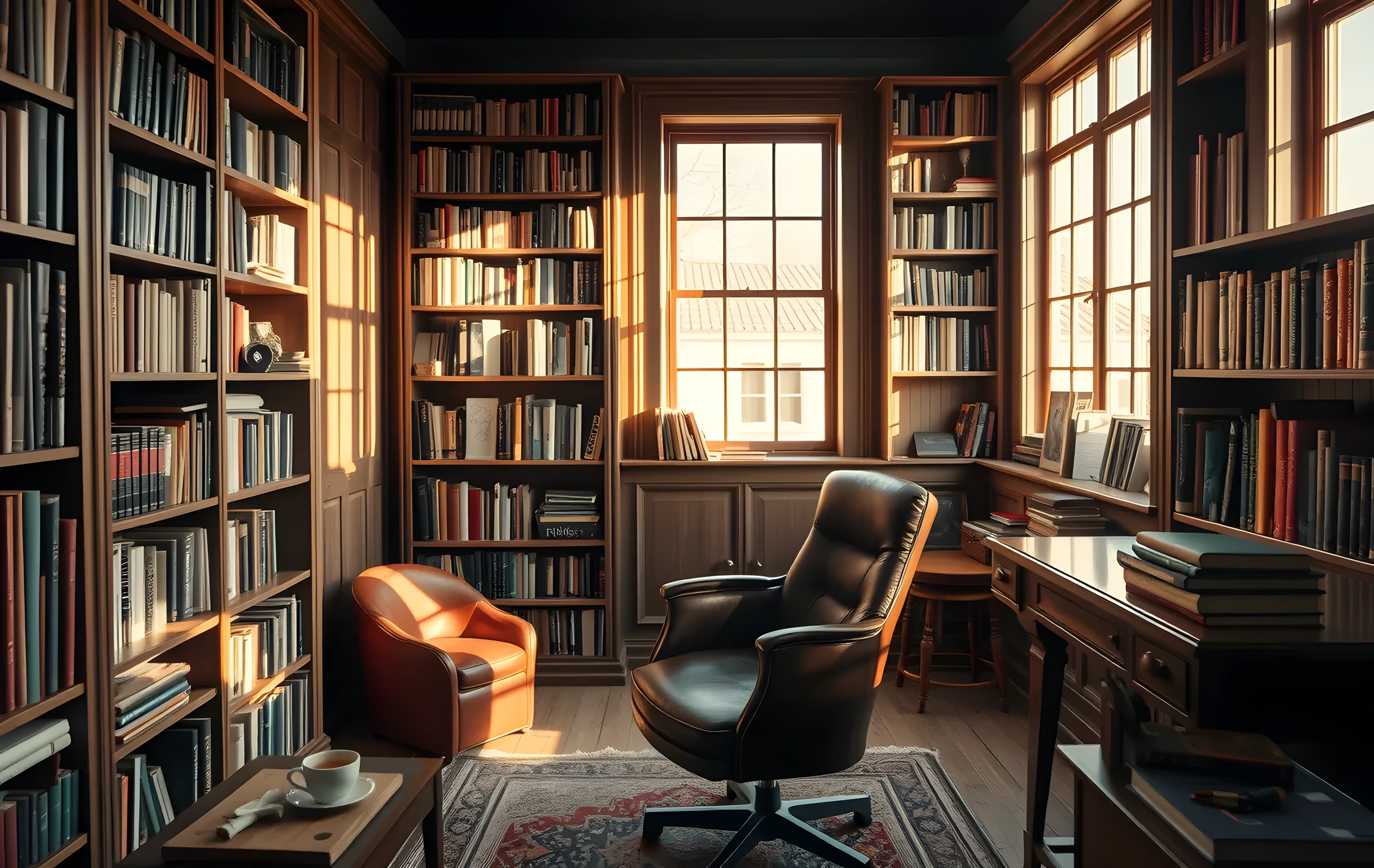 A sunlit writing room with floor-to-ceiling wooden bookshelves in various states of organization, a worn leather chair pushed back from a heavy oak desk, long golden afternoon light casting warm shadows across the space, a half-finished cup of tea on the windowsill beside a small stack of cloth-bound volumes, the room feeling lived-in and quiet. Wide environmental shot showing the full room and its layered history