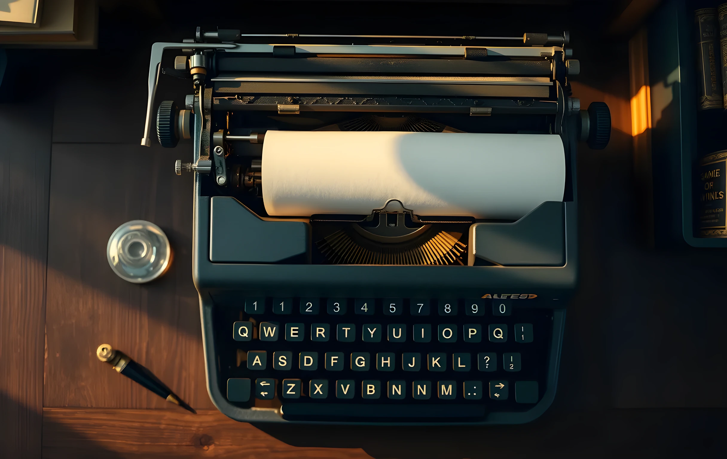 A well-worn manual typewriter with a blank sheet loaded in the platen, beside it a small glass inkwell and a brass pencil sharpener, all resting on dark oak with visible grain, warm amber light raking across the metal type bars and casting long thin shadows. Tight detail framing on the objects and their textures, shallow depth of field softening the background into a blur of indistinct book spines