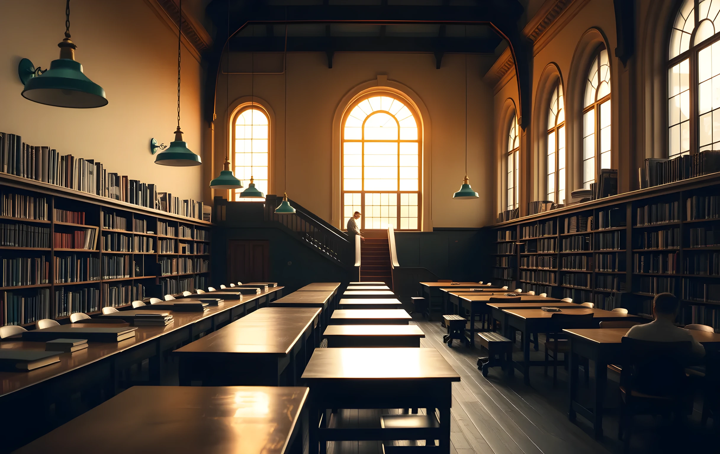 A quiet university library reading room in late golden afternoon, long dark-wood tables under green-shaded brass lamps, towering shelves of cloth-bound hardcover books in deep burgundy forest green and charcoal lining the far wall, a single figure seated at a distant table barely visible as a soft silhouette, warm amber light streaming through tall arched windows and pooling on the polished floor, the air thick with the quiet weight of old paper, wide environmental shot with generous negative space
