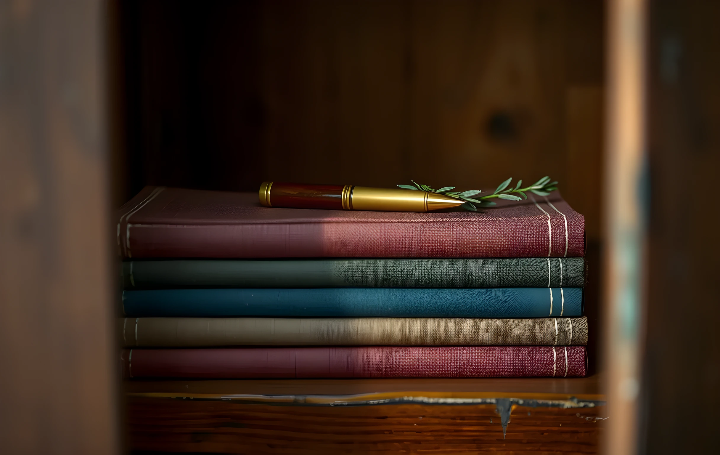 A rough-hewn oak shelf holding six or seven well-worn cloth-bound books with spines in muted ochre slate blue and faded crimson, a single brass-nibbed fountain pen resting diagonally across the topmost volume, a small sprig of dried rosemary tucked between two book covers, warm directional side-light raking across the textured cloth bindings and casting long soft shadows, shallow depth of field dissolving the background into warm amber bokeh, intimate close detail with no visible text or faces