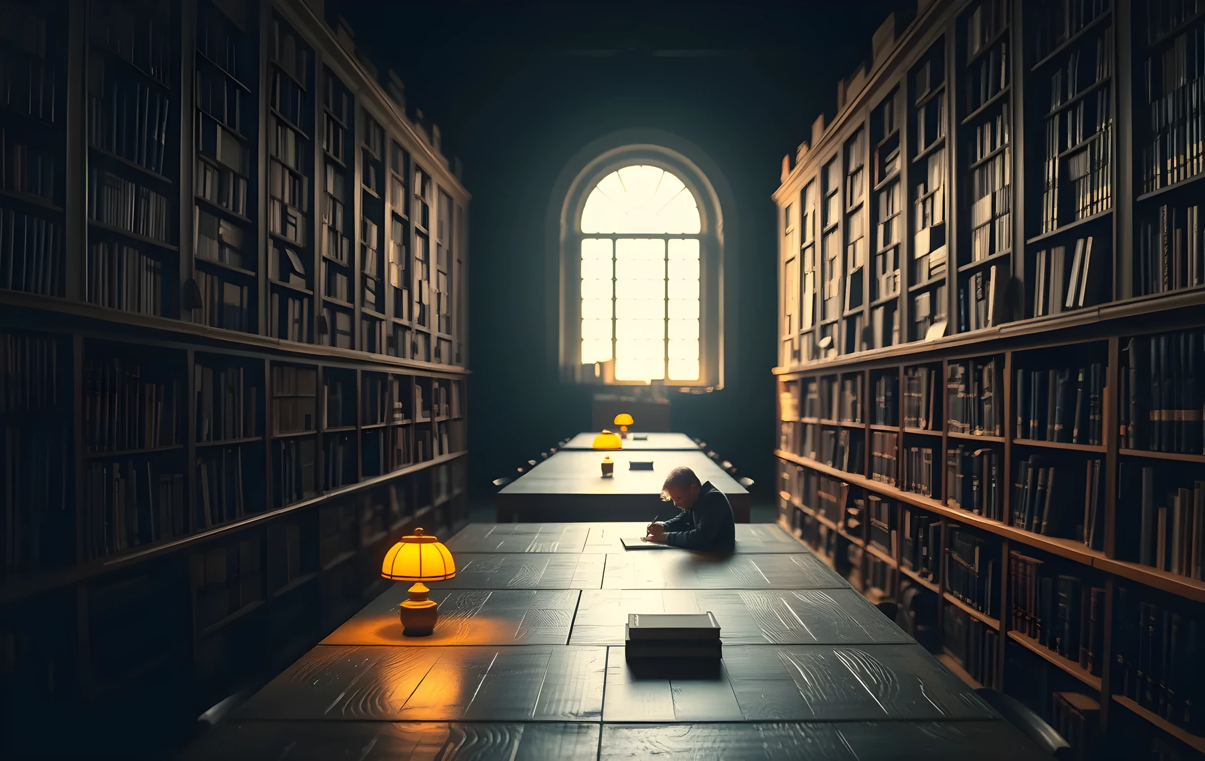 A vast, dimly lit archive reading room with towering wooden shelves packed with leather-bound volumes stretching into deep shadow, long oak tables receding toward a distant arched window, a single small figure seated far at the end of the nearest table hunched over writing, warm amber lamplight pooling on the tabletop surface, fine dust motes drifting in a diagonal shaft of pale daylight, the overall mood quiet and institutional, painted in muted umbers and soft gold