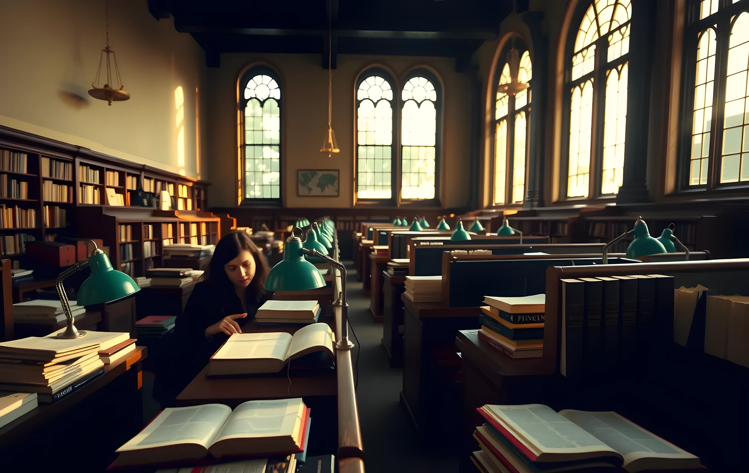 A wide-angle view of a quiet university reading room in late afternoon, rows of dark wooden carrels stretching into soft focus, each holding open hardcover reference volumes and small stacks of index cards, a single figure at medium distance leaning forward over a thick encyclopedia, green banker's lamps casting warm pools of light, dust motes drifting through slanting beams from tall leaded windows, the overall palette deep amber and walnut brown