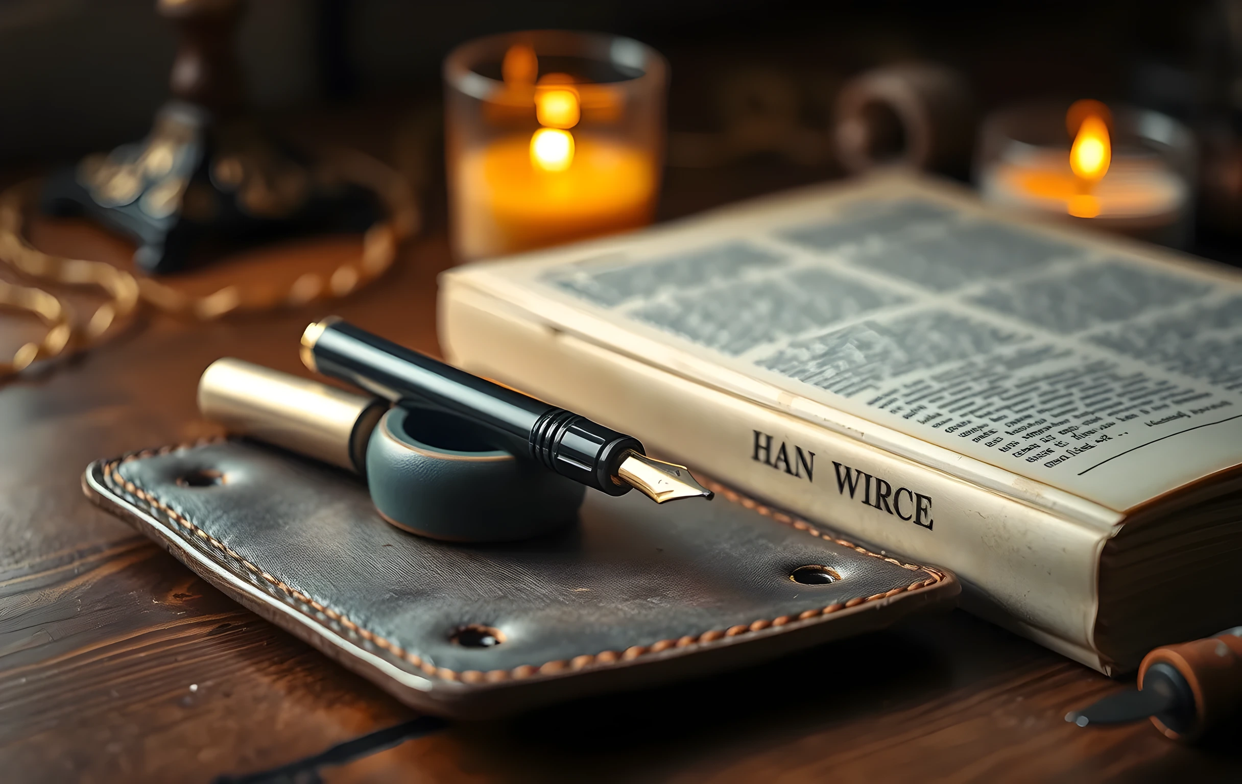 A close detail on a heavy oak desk surface: a brass fountain pen with its cap off resting at an angle on a worn leather blotter, a small ceramic inkwell beside it filled with dark indigo ink, behind both a tattered hardcover book lying face-down showing only its cracked spine and frayed pages, warm golden light from an off-frame candle raking across the pen's curves and the leather grain, shallow depth of field dissolving the background into soft bokeh