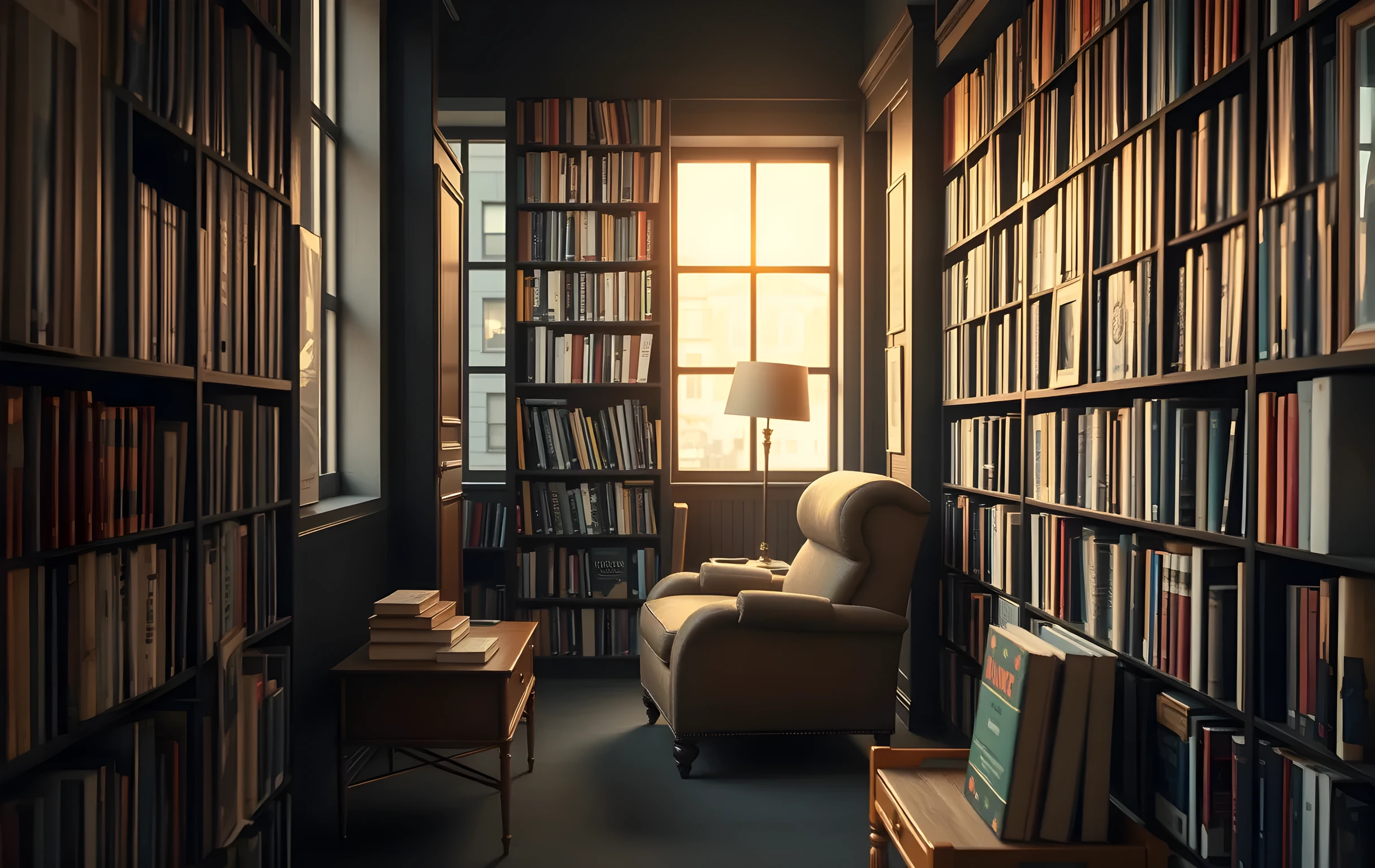 A wide interior view of a small independent bookshop at golden hour, tall dark-wood shelves crammed with hardcover books in muted earth tones, a worn leather armchair tucked into a reading alcove at the far back with a small brass floor lamp casting warm amber light, dust motes drifting in a long shaft of afternoon sun entering from a window on the left, a low wooden side table holding three stacked thick volumes, no people visible, no text or signage anywhere in the frame