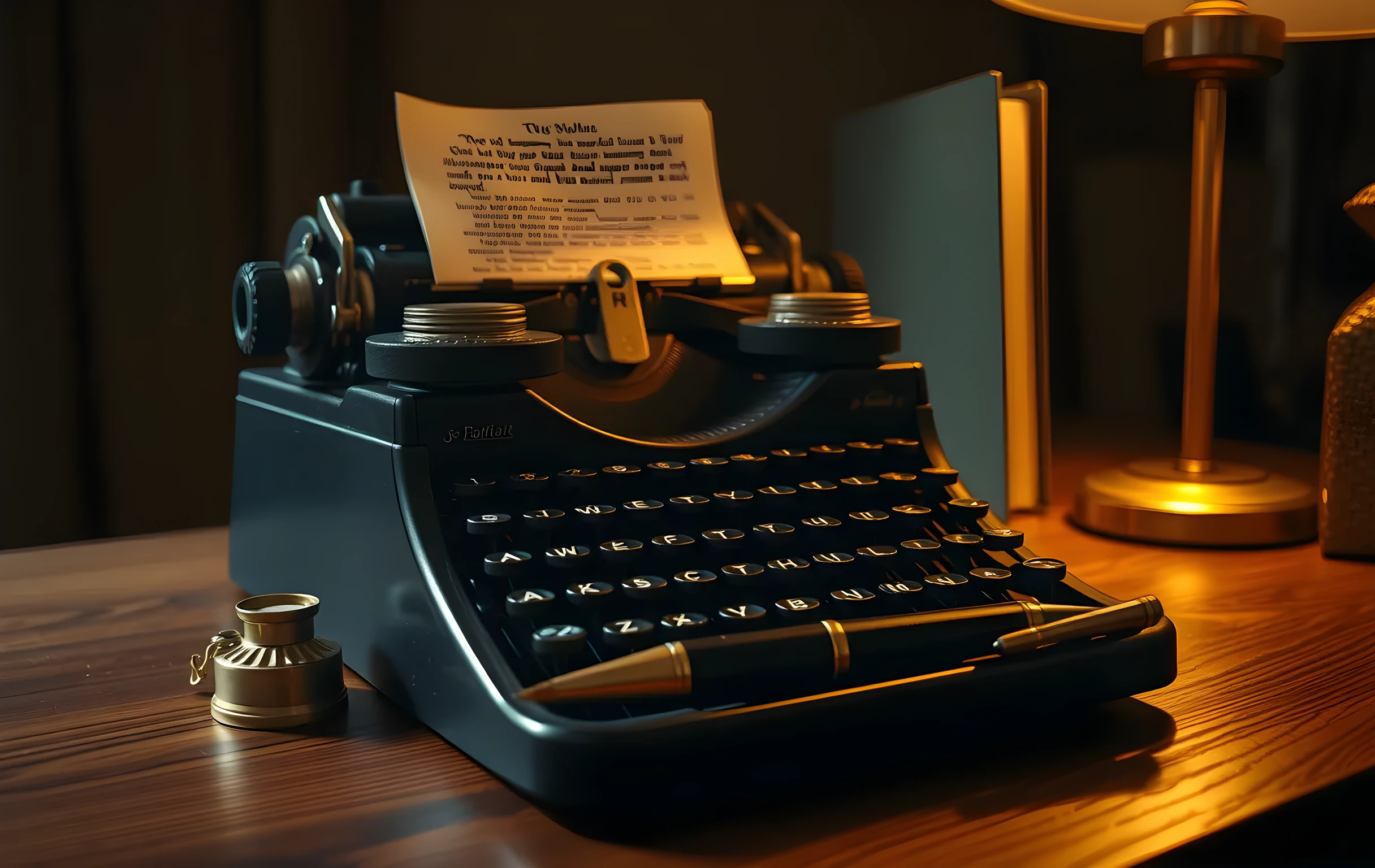 A close detail scene of a vintage black typewriter sitting on a dark oak desk surface, a small brass inkwell with its lid off beside it, a fountain pen with its cap resting on a worn leather blotter, warm lamplight glowing from the right side casting long soft shadows across the wood grain, a single thick hardcover book standing upright behind the typewriter with a plain unmarked cover, shallow depth of field blurring the background into warm brown bokeh, no readable text, no hands, no screens