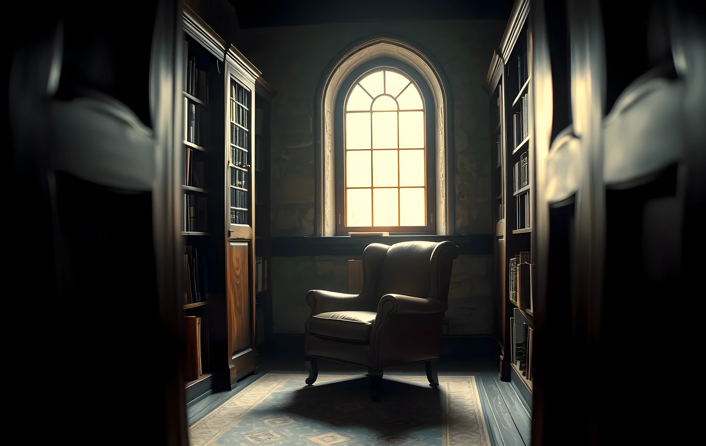 A wide-angle view of a quiet reading nook tucked into the corner of an old stone-walled library, tall wooden bookshelves receding into soft shadow on both sides, a single worn leather armchair positioned in a shaft of warm afternoon light streaming through a high arched window, dust motes drifting visibly in the beam, the floor covered in a faded geometric rug, the overall mood contemplative and still, no people present