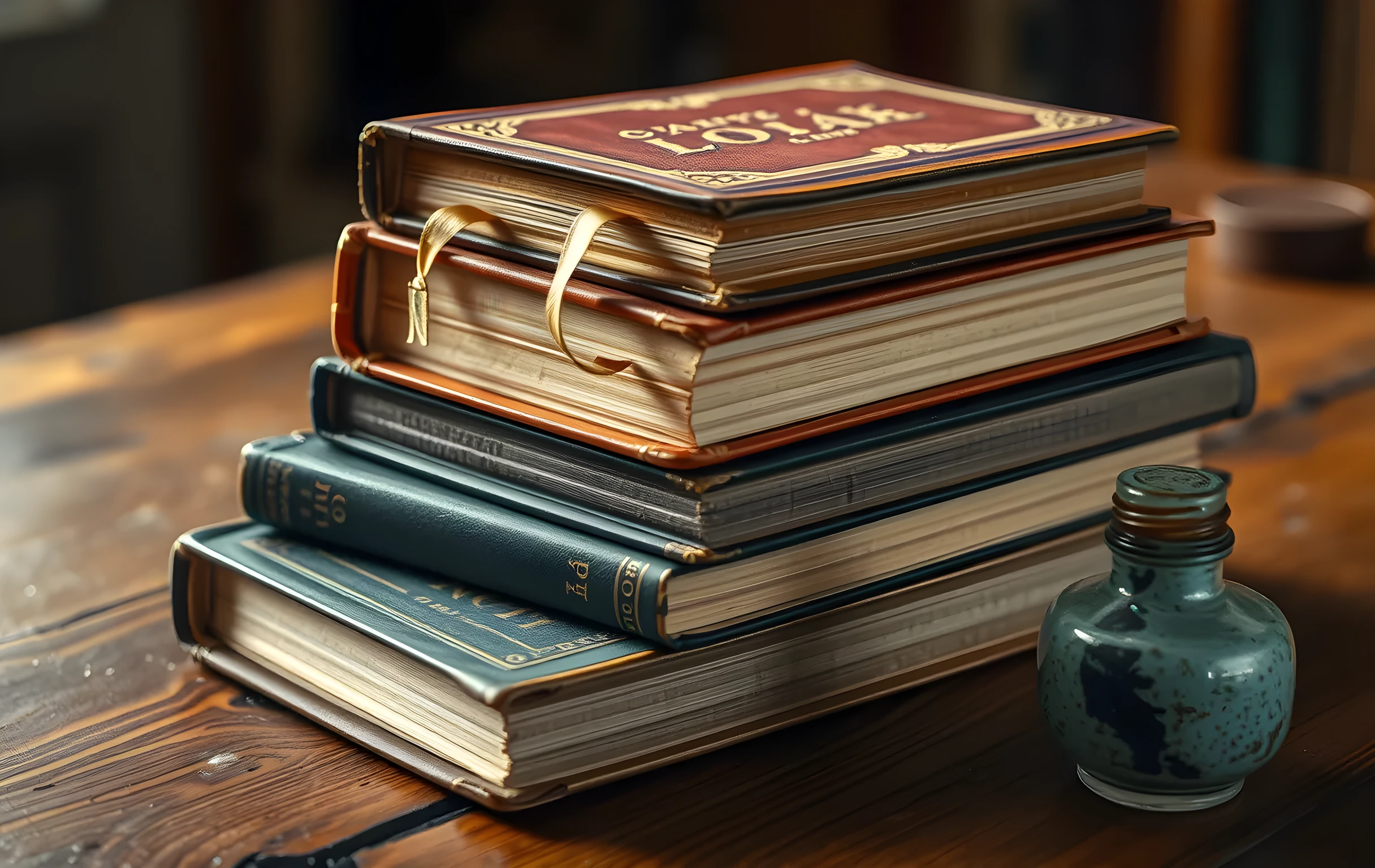 A close detail shot of a small stack of five well-worn hardcover books with cracked spines and softened corners resting on a rough-hewn oak tabletop, a brass bookmark ribbon peeking from between two pages, a small ceramic inkwell with a dried blue-black stain beside the stack, warm directional light raking across the covers to reveal embossed patterns and faded gold lettering, shallow depth of field with the background dissolving into soft amber blur