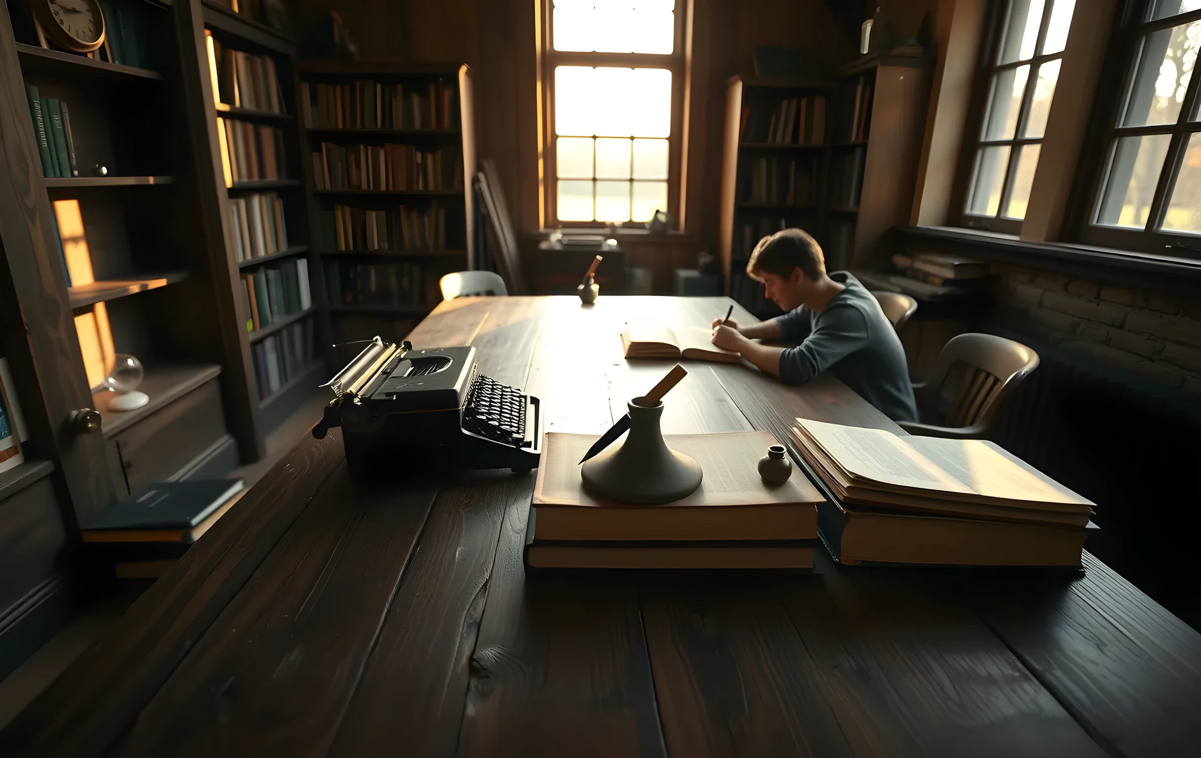 A converted barn writing studio bathed in low golden afternoon light, tall windows casting warm rectangles across a wide scarred oak table. On the table sits a brass typewriter, a ceramic inkwell with a dip pen resting across its rim, and three or four thick hardcover books stacked in muted forest green and terracotta. A small figure in a wool sweater sits at the far end of the table with their back to the camera, hunched slightly over a large open volume. Shelves along one wall hold rows of cloth-bound books. The room feels quiet, warm, and lived-in. No text visible anywhere