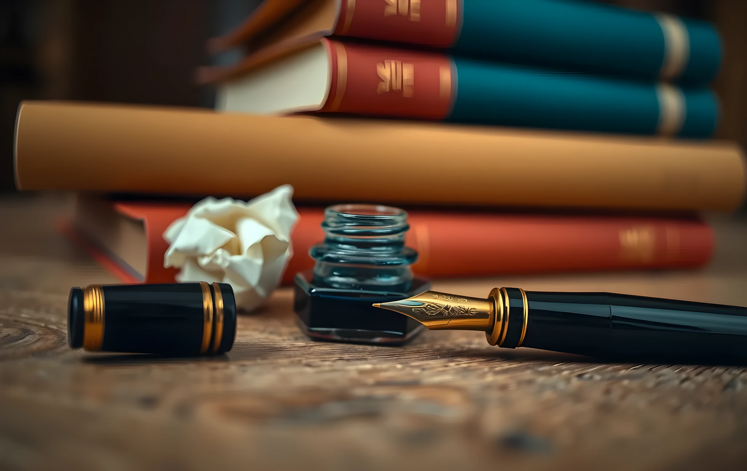 A close detail shot of a well-worn fountain pen with a polished brass nib lying diagonally across a rough-hewn wooden surface, its cap set aside beside a small glass inkwell filled with deep blue-black liquid. A single crumpled ball of cream-colored paper sits near the pen's tip. The background falls into soft warm bokeh where the spines of stacked hardcover books in ochre, navy, and rust blur out of focus. Shallow depth of field, amber tungsten lighting, no text or lettering visible on any surface