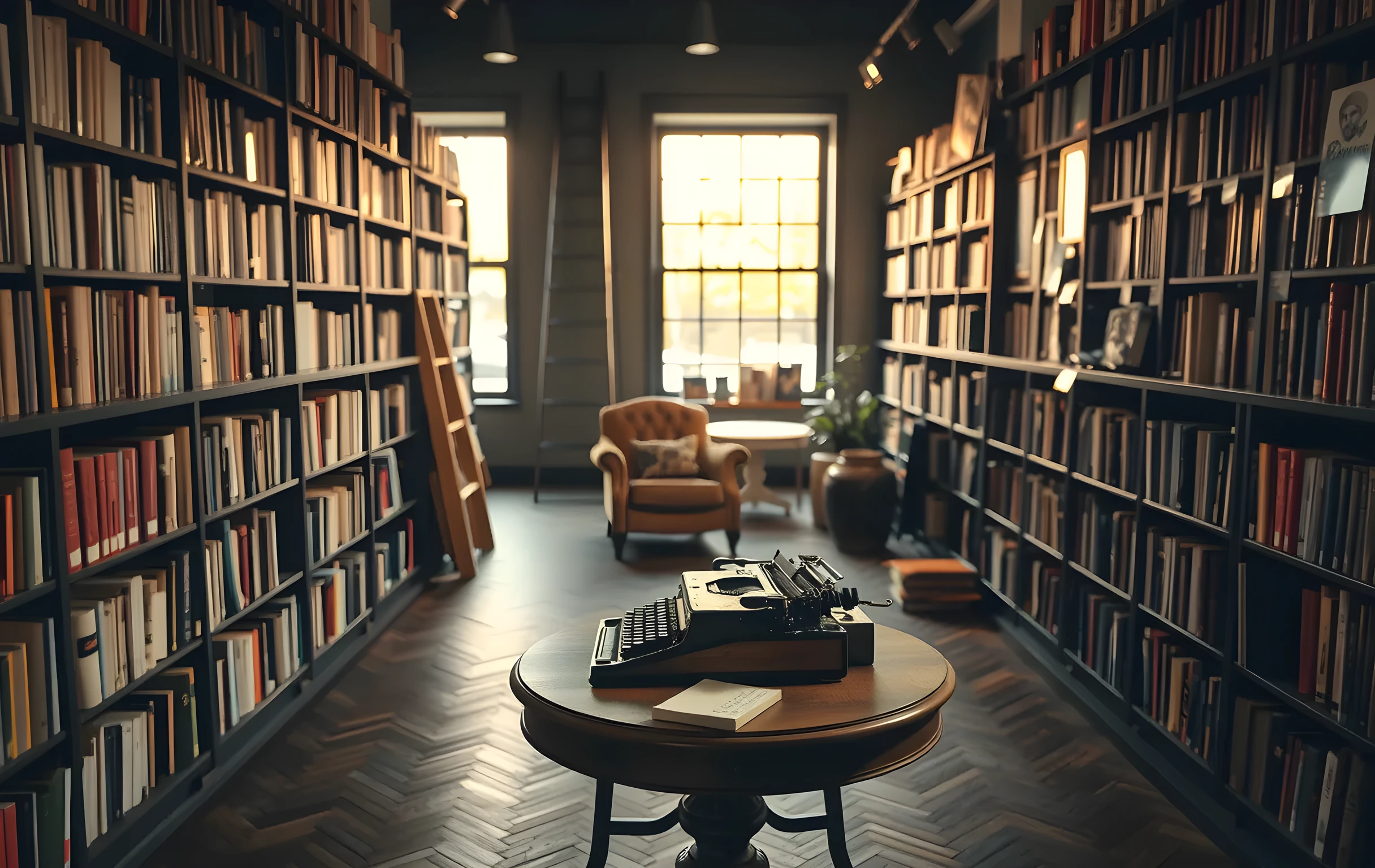 A wide interior view of a quiet independent bookshop in late afternoon, long wooden shelves packed with hardcovers in muted autumn tones of rust, olive, and cream, a tall rolling ladder leaning against the upper shelves, warm golden light pouring through floor-to-ceiling windows onto two worn leather reading chairs near the back, a small round oak table in the foreground holding an open vintage typewriter with a few loose handwritten sheets beside it, the scene calm and still, no people visible, soft shadows stretching across a herringbone wood floor