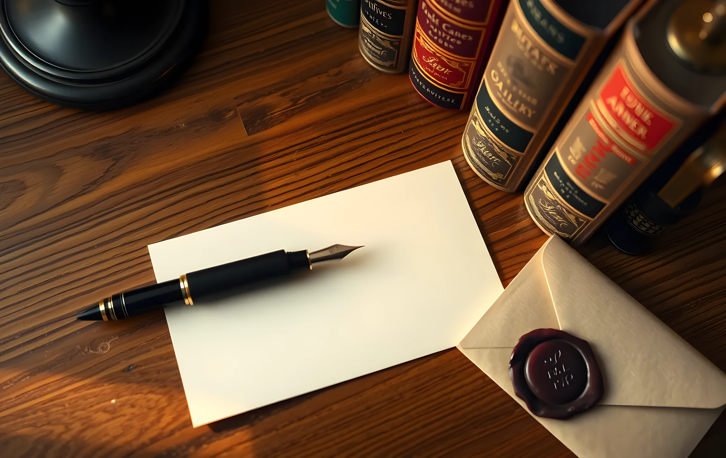 A tight detail view of a weathered walnut desk surface where a black fountain pen lies diagonally across a smooth cream-colored card, a small brass bookend holding three thick hardcover novels upright at the right edge of the frame, the corner of a wax-sealed envelope with a deep burgundy seal peeking in from the lower left, warm lamplight raking across the grain of the wood and catching the polished nib of the pen, shallow depth of field softening the background into a warm amber blur, no text or writing visible on any surface