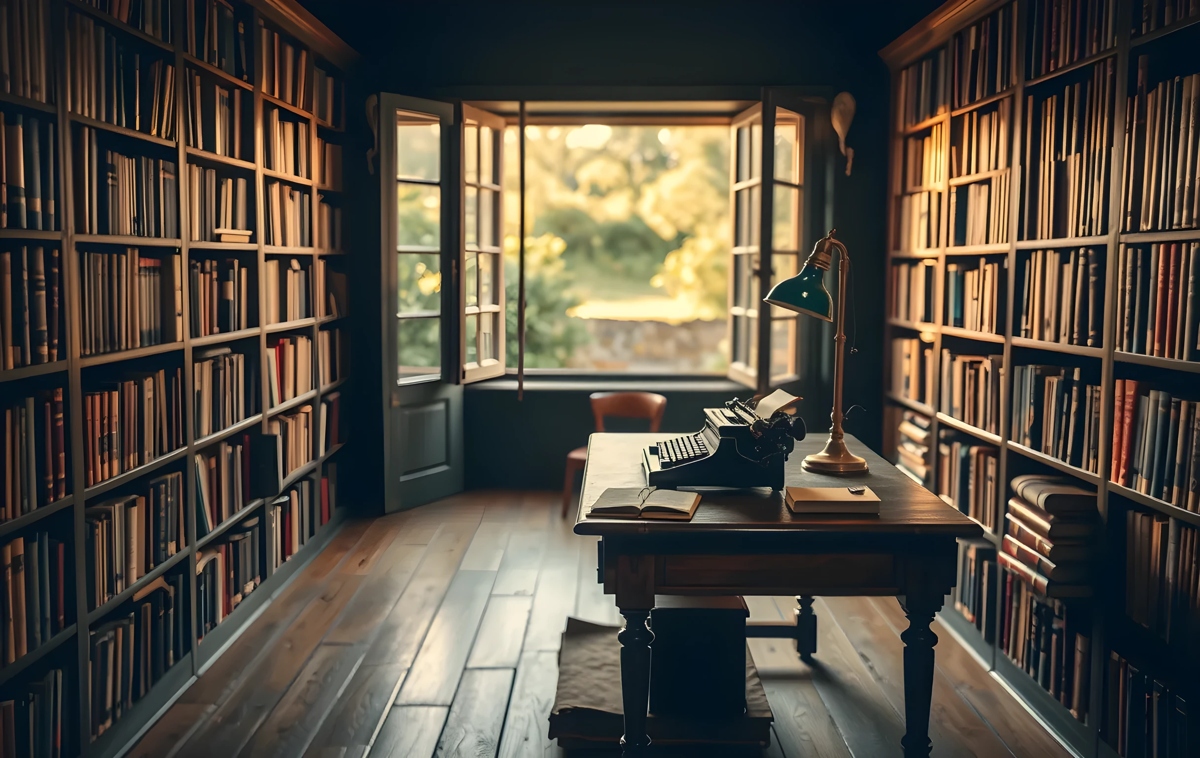 A quiet countryside study bathed in golden-hour light, floor-to-ceiling bookshelves packed with cloth-bound volumes along three walls, a heavy wooden writing desk holding a vintage typewriter and a small brass lamp with a green glass shade, an open window framing overgrown hedgerows and a distant weathered stone wall, warm amber tones pooling across worn oak floorboards, soft depth of field on the background shelves