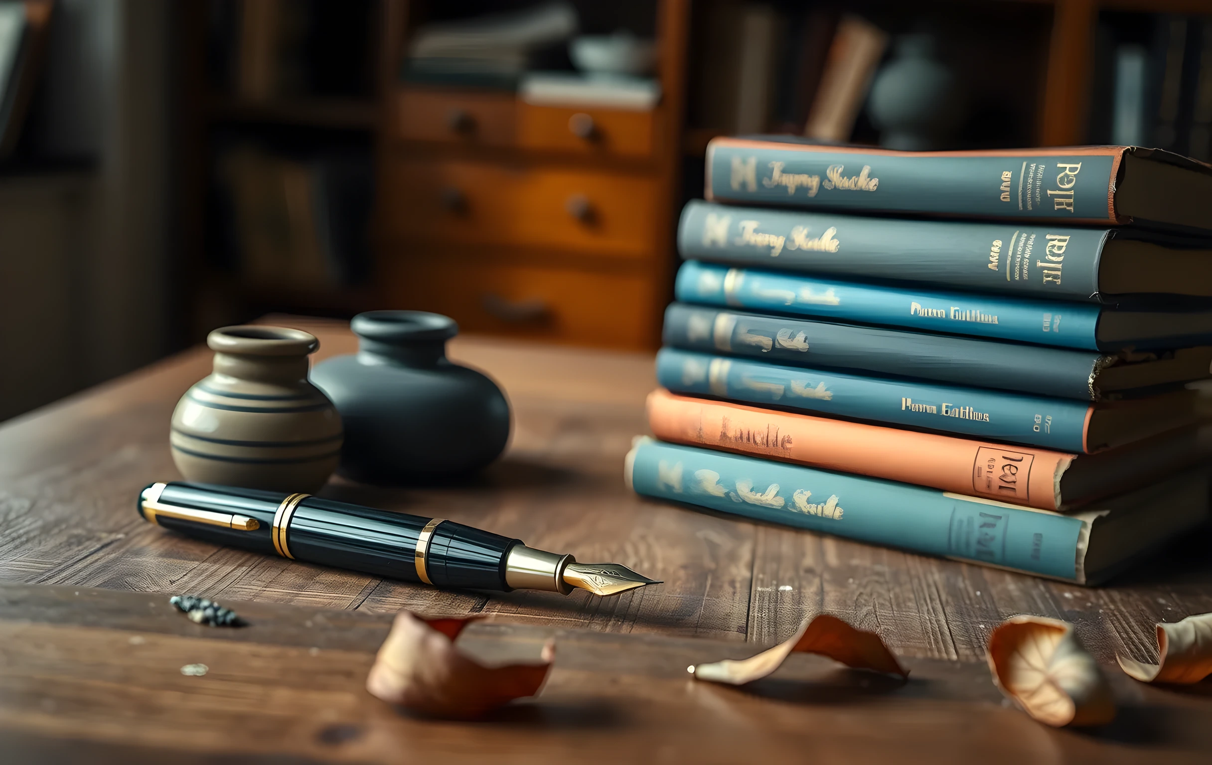 A fountain pen with a tarnished brass nib resting diagonally on a rough-hewn oak tabletop beside a small ceramic inkwell and a compact tower of five paperback novels with slightly frayed spines in muted blue and ochre covers, soft afternoon light entering from one side casting long gentle shadows across the wood grain, a few dry curled leaves scattered near the edge of the table, shallow depth of field blurring the background into warm bokeh