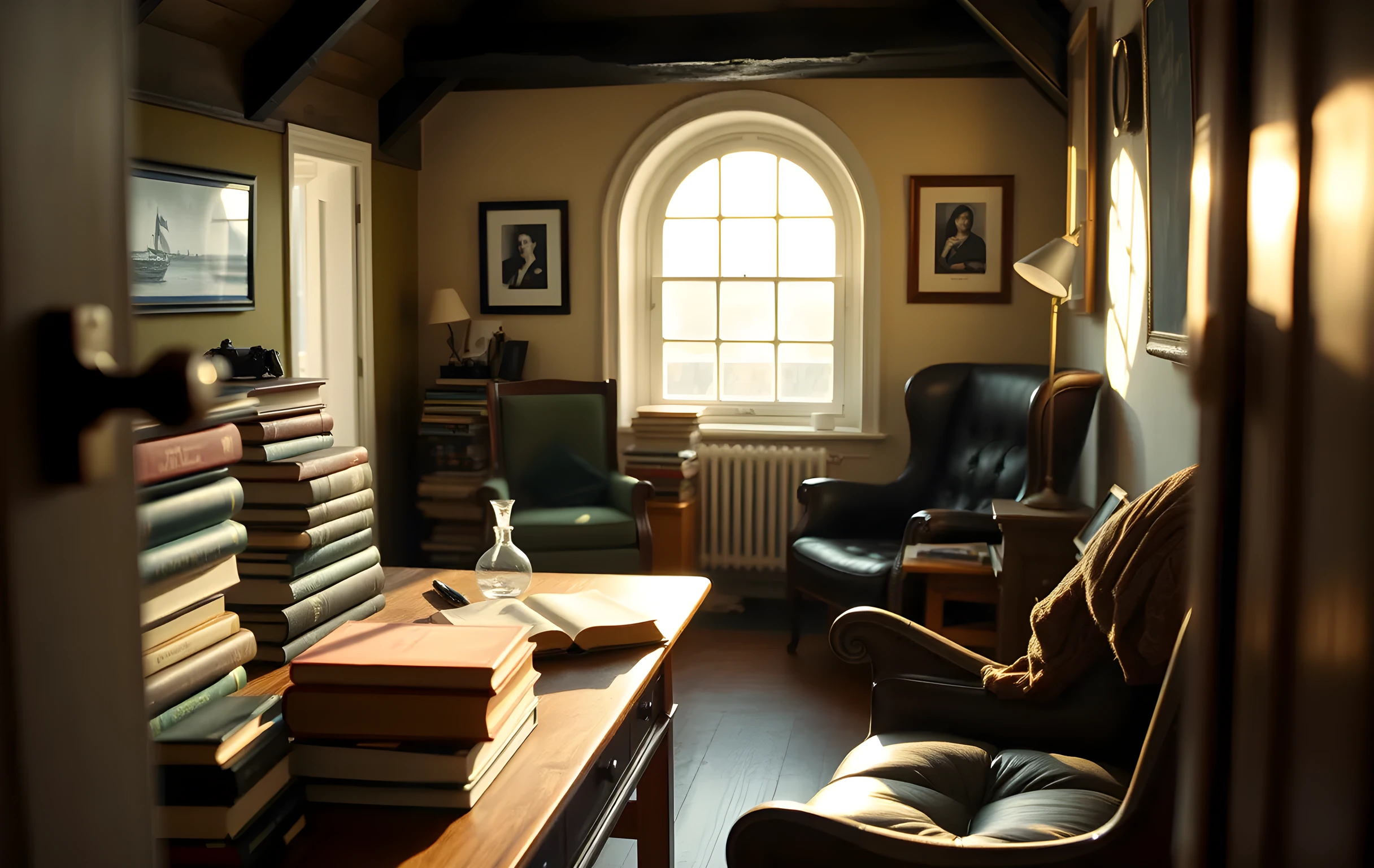 A sunlit writing nook in a converted attic room, wide oak desk cluttered with stacked paperbacks and cloth-bound hardcovers in muted greens and burgundies, a fountain pen resting beside the books, warm golden afternoon light pouring through a round window and casting long shadows across the floorboards, a worn leather armchair in the corner holding three more novels, the whole space feeling lived-in and deeply literary, shot from a medium-wide angle showing the full room