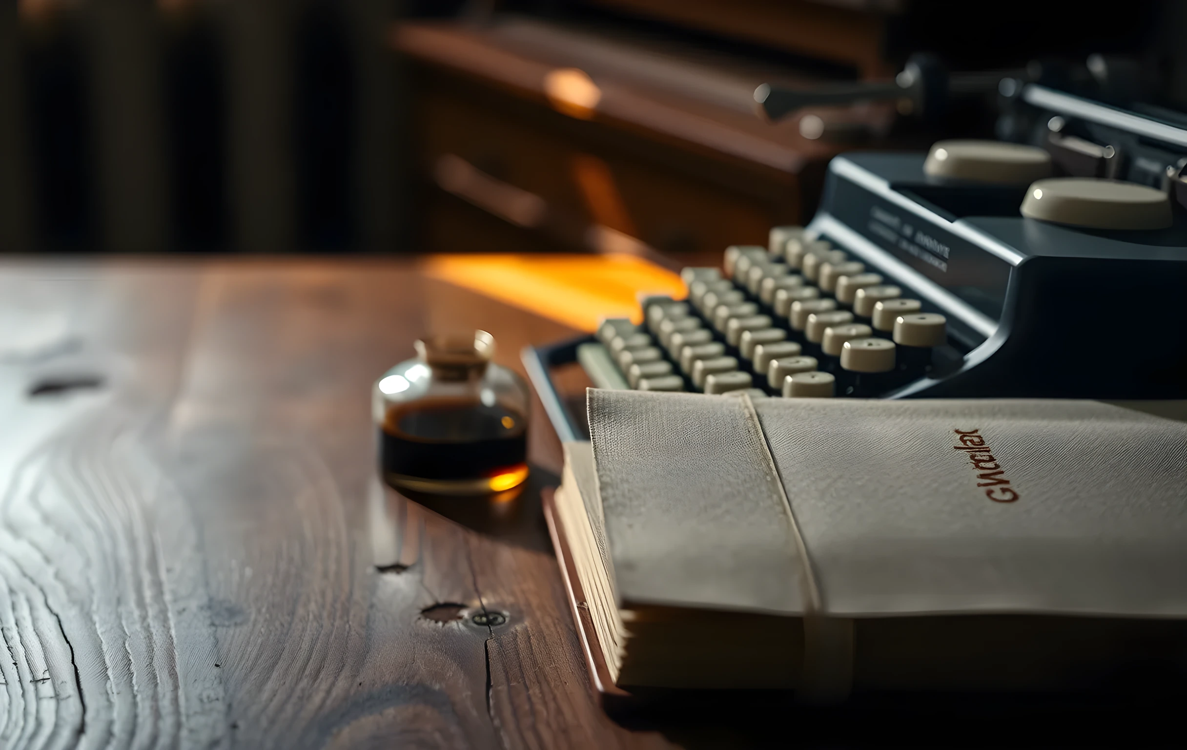 The weathered wooden surface of a writing desk seen from a low three-quarter angle, the rounded ivory keys of a vintage typewriter in soft focus in the foreground, a small glass inkwell catching amber light beside it, the thick cloth spine of a hardcover book with a gold-embossed band resting flat, a single beam of morning sunlight slicing through the frame and illuminating slow-floating dust motes, shallow depth of field blurring the background into warm indistinct shadow