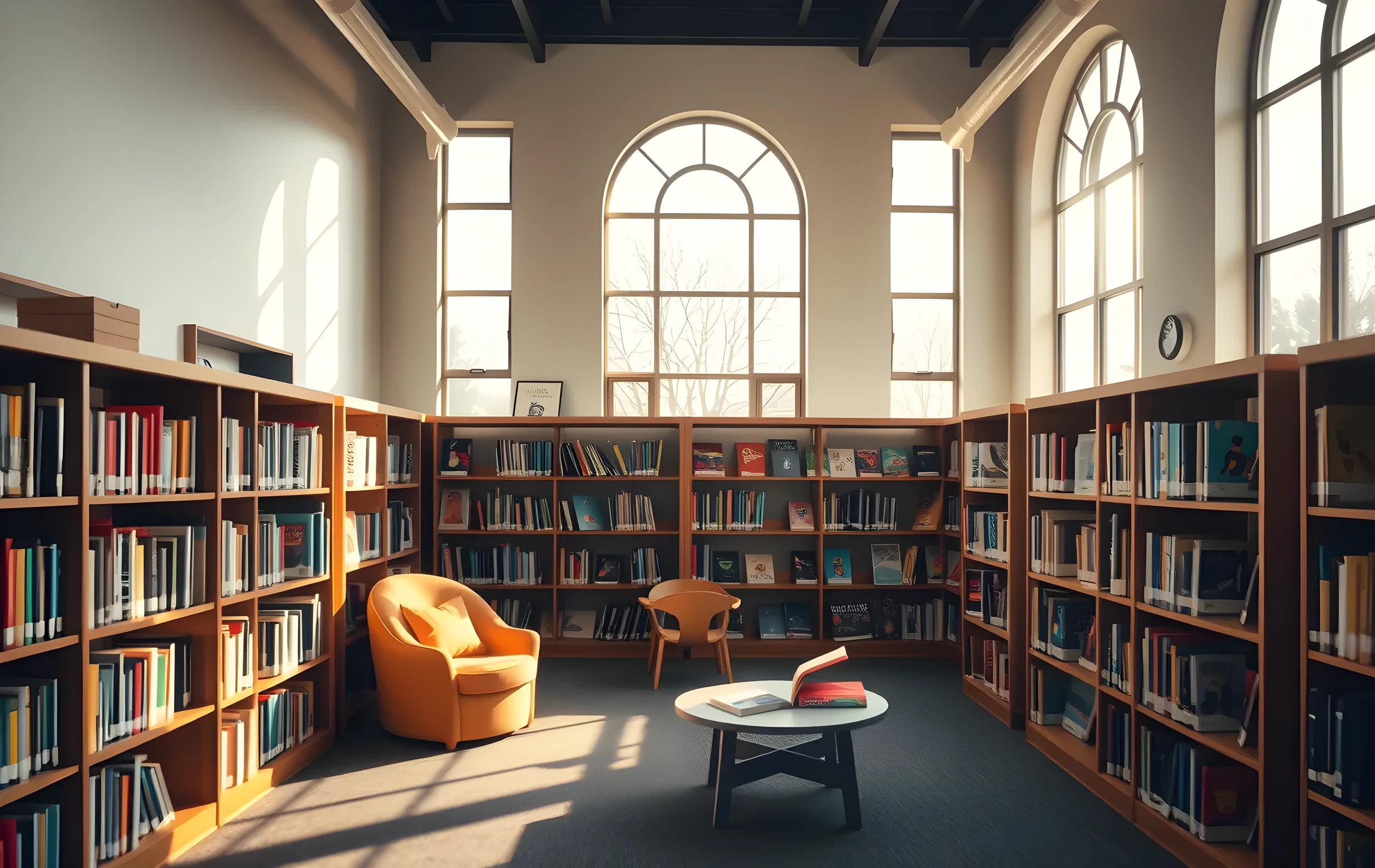 A wide interior view of a sunlit community library children's section in late afternoon, rows of low wooden shelves lined with colorful hardcover picture books, a small round reading nook with a mustard-yellow cushion and a child-sized armchair tucked into the corner, tall arched windows casting long warm shadows across the carpeted floor, a few scattered storybooks on a low table, soft golden light, quiet and inviting atmosphere